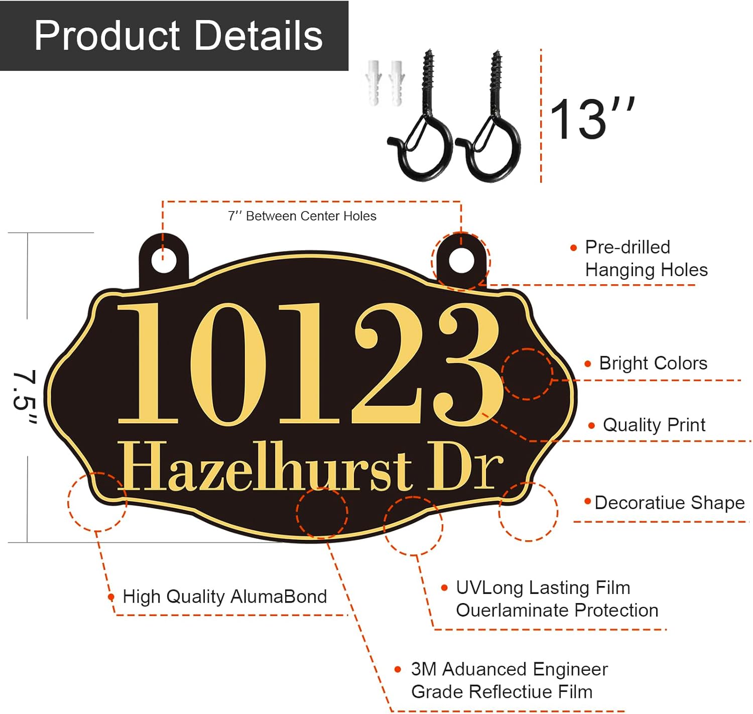 Hanging Mailbox Number Sign Plaque - Mailbox Numbers for Outside,Mialbox Address Sign Plaque for Outside House,Mailbox,Mailbox Post,Pillar - Metal Screw-In Hooks Reflective Double Sided 12'' x