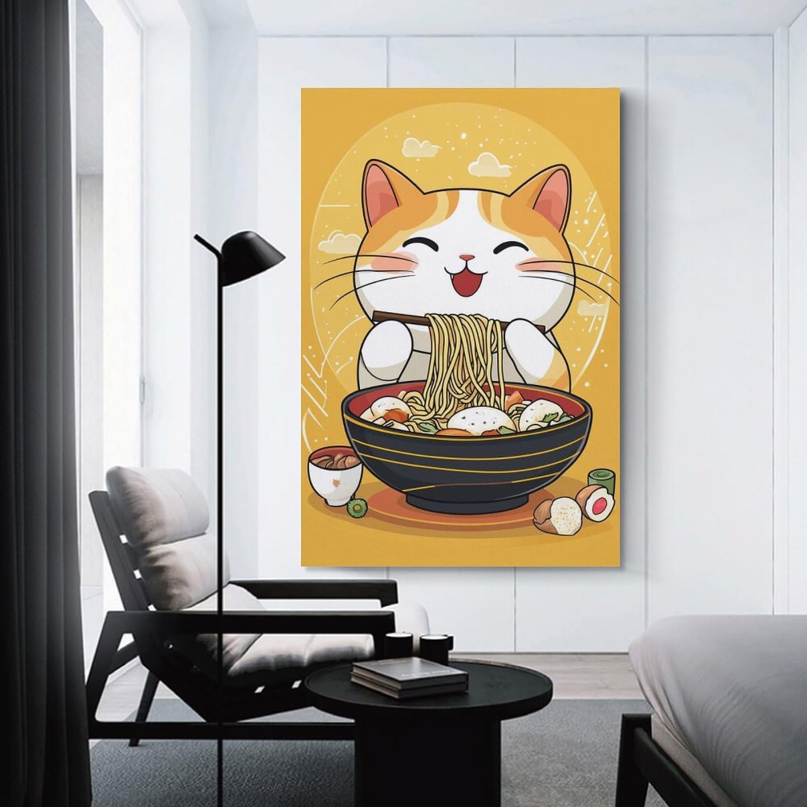 Junmoney Hanging Wall Art Cute Cat Eating Ramen, 24x36inch(60x90cm), for Small Homes, Bedrooms Or Open Spaces, Wall Decor with Flexible Room Appeal