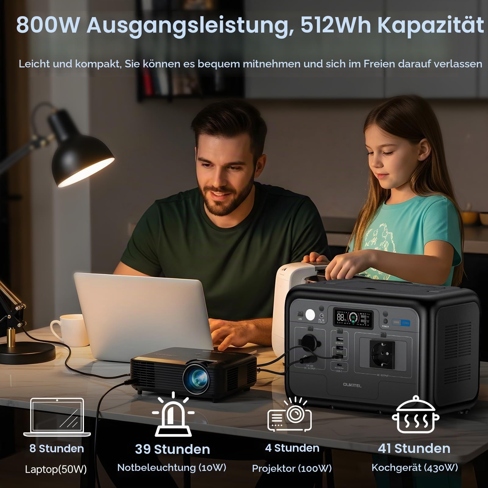 OUKITEL P800E Tragbare Powerstation 800W, Solargenerator 512Wh LiFePO4 Batterie, 55 Min Schnellladung, AC-Ausgang mit 1600W Spitzenleistung, Notstromversorgung für Outdoor, Camping, Wohnmobil