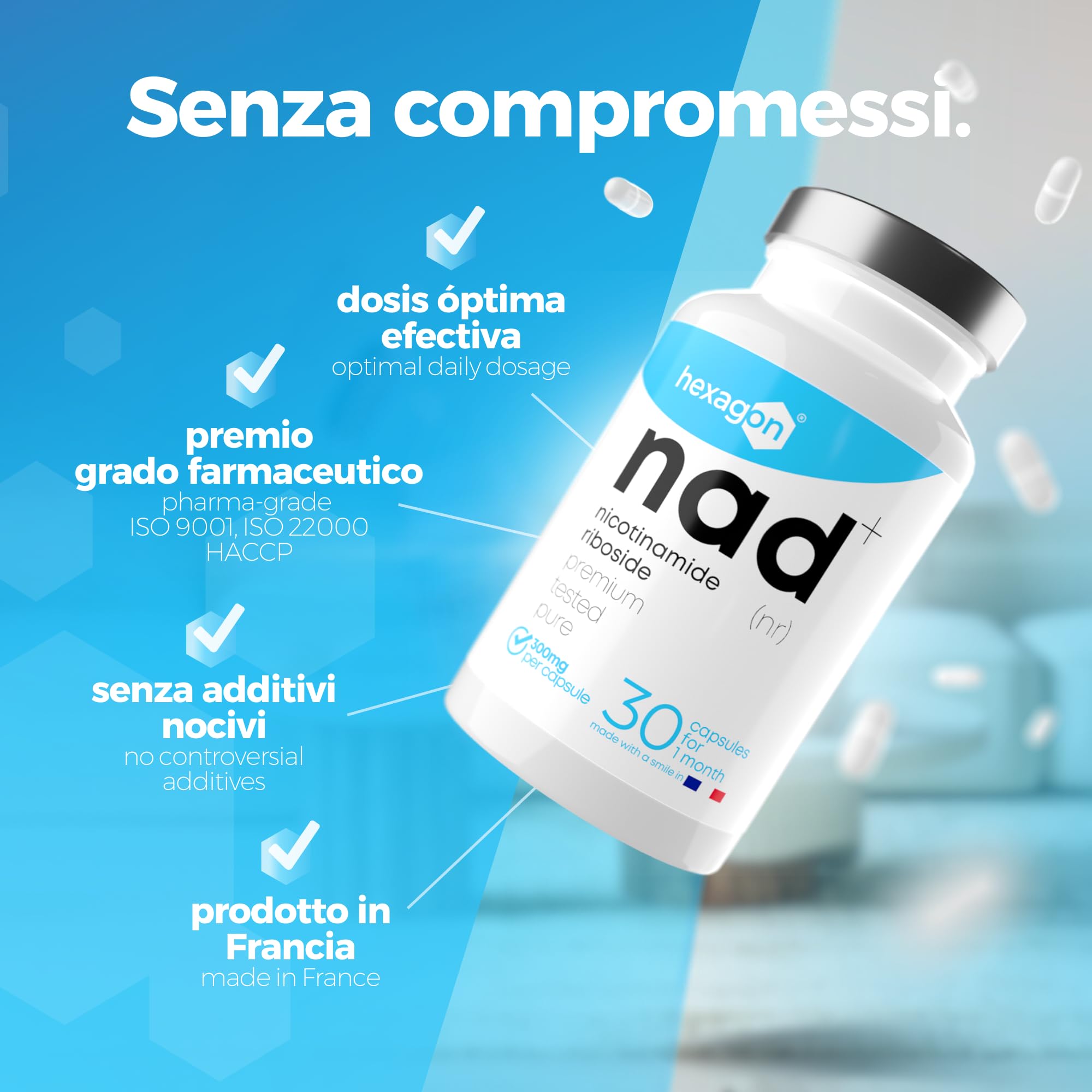 NAD+ Nicotinamide Riboside Chloride 300mg - +1 Mese di Cura - NAD Booster - Anti-Età e Contro la Fatica, Supporto Nervoso - 30 Capsule Vegetali - Vegan & Premium - Hexagon
