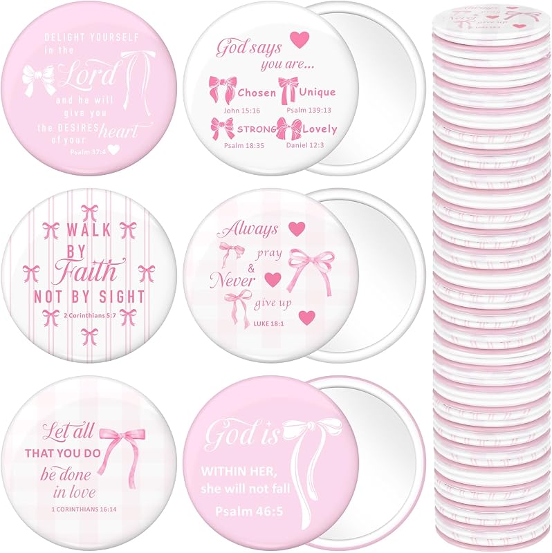 Namalu Espelhos Compactos Redondos Rosa com Laços e Versículos Bíblicos, Pacote com 48