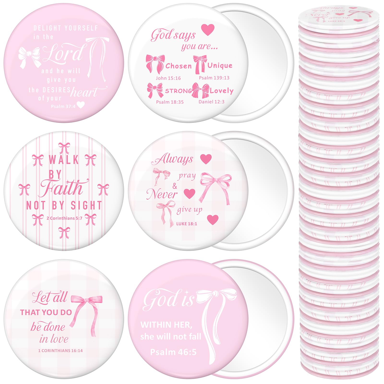 Namalu 48 Pcs Valentine’s Day Bow Party Favors Pink Bow Coquette Mini Pocket Mirrors Inspirational Christian Gifts Bulk for Women Portable Round