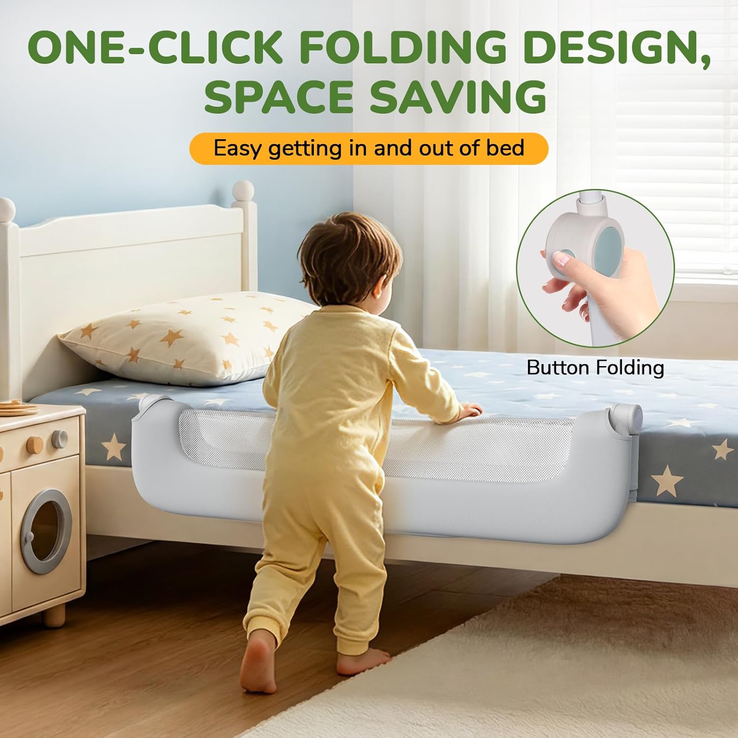 Bed Guard Rail for Toddlers - 47" Adjustable Heights & Folding up Portable Bed Railing for Baby - Toddler Bed Rails Guard for Crib, Twin, Bunk,Full Size, Queen & King Bed(Grey)