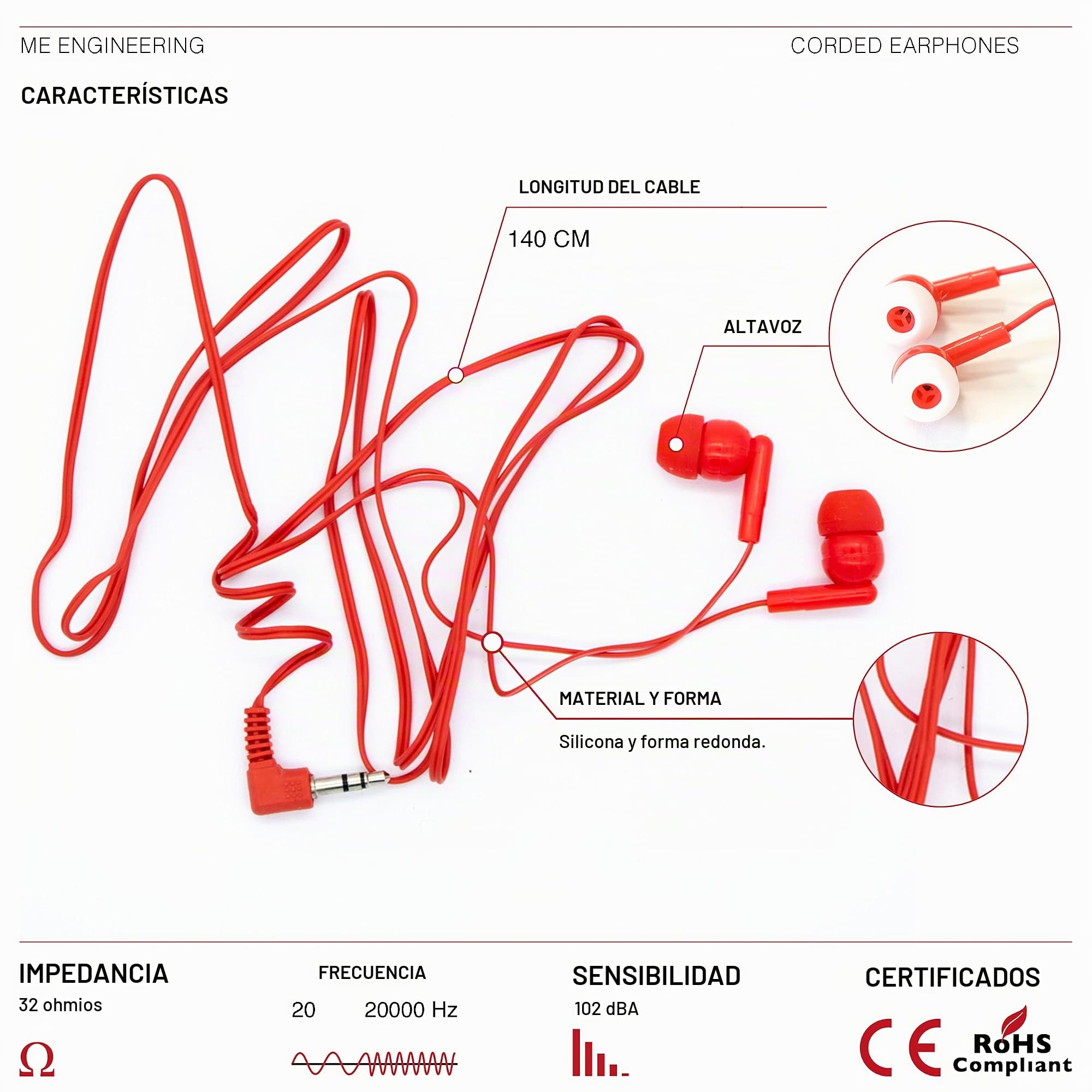 M&E - Pack Auriculares Desechables 100 uds - Auriculares con conexión Jack 3.5mm - Presentación en bolsas individuales Eco-Friendly para máxima higiene - Color Rojo - Silicona Blanca