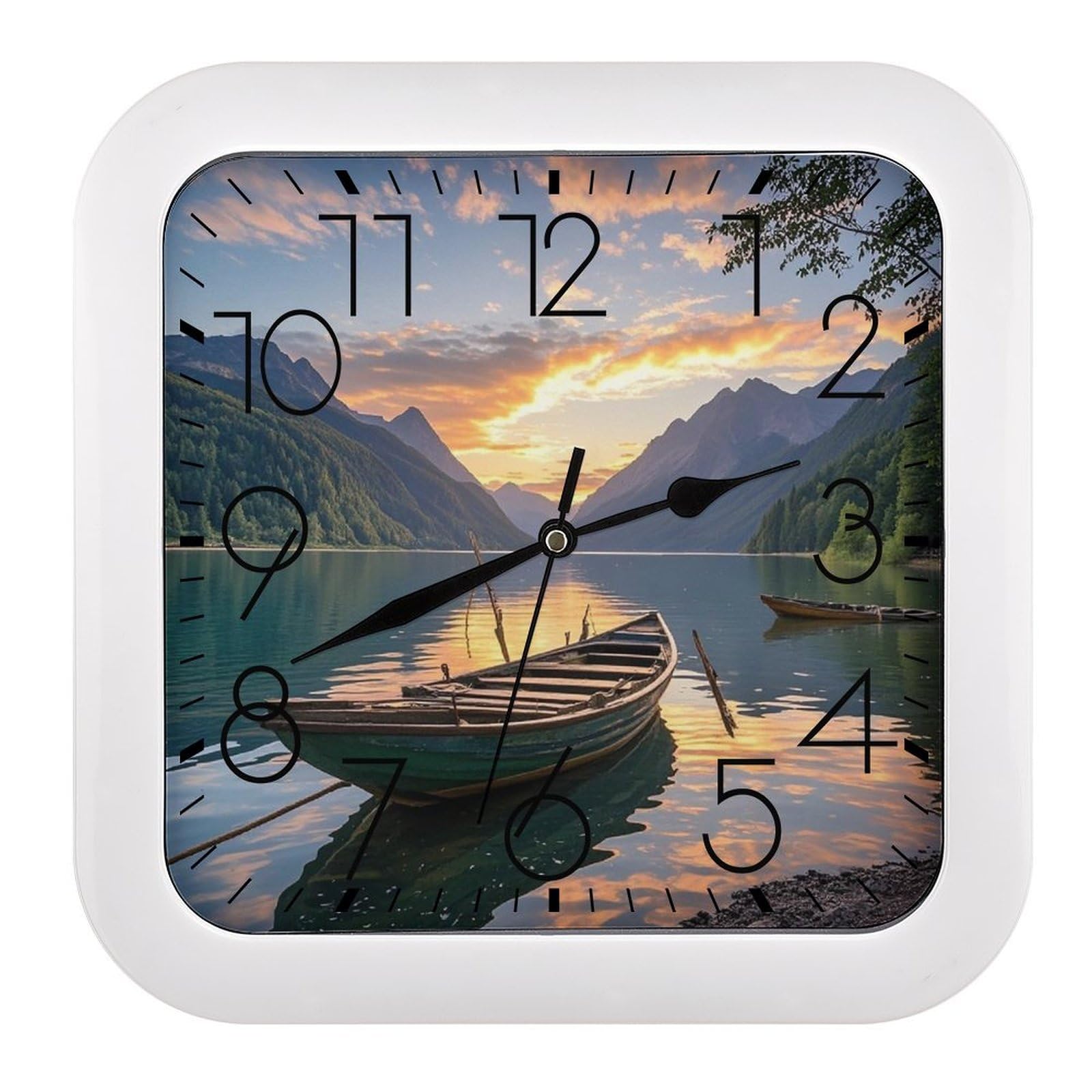 LZQPOEAS River Sunset Wooden Boat Wall Clock Fashionable Versatile Silent Wall Clock Simple Elegant Non Ticking Analog Clocks Easy to Install Square Modern Clocks for Home Decoration