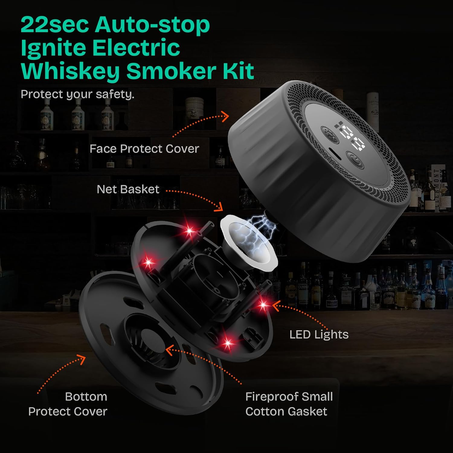 Electric Whiskey Smoker Kit with Led Lights, 4 Reusable Ice Cubes and 6 Flavors Natural Wood Chips, Old Fashioned Bourbon Smoker Kit for Home Bar, Bourbon Whiskey Gifts for Men, Dad, Husband