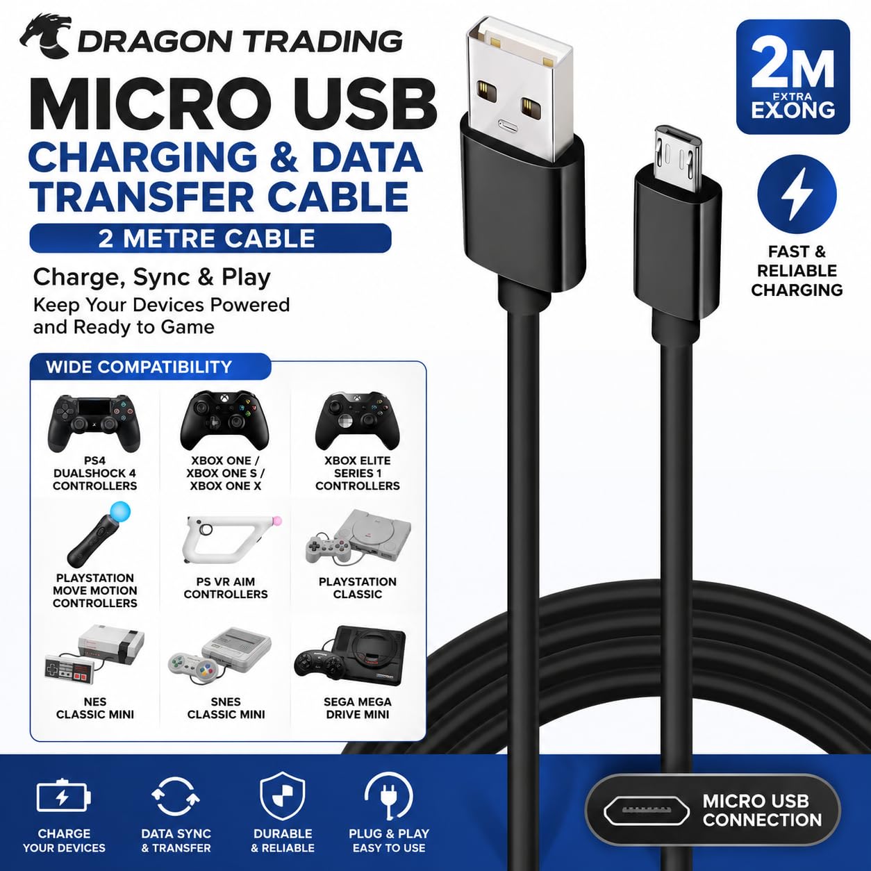 Dragon Trading Cable USB 2 m Carga Rápida para Mando PS4 DualShock 4 y Xbox One – Play & Charge, Largo y Resistente, Compatible con Carga en Modo Reposo