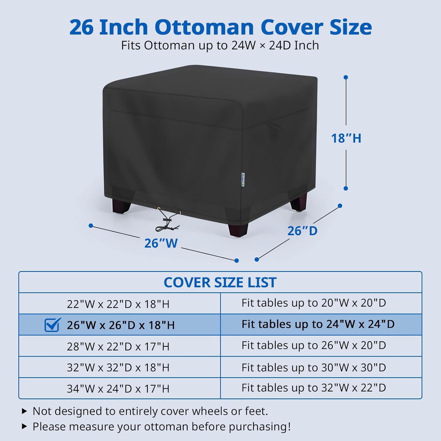 SunPatio Outdoor Ottoman Cover, Waterproof Square Coffee Table Cover, Patio Furniture Side Table Cover, All Weather Protection, 26W x 26D x 18H, Black