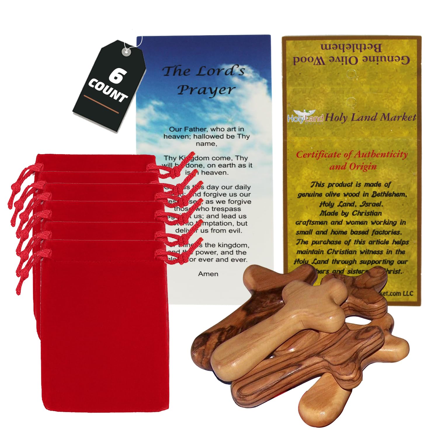 Holy Land Market 6 Large Handheld Olive Wood Crosses from the Holy Land with Bags & Certificates