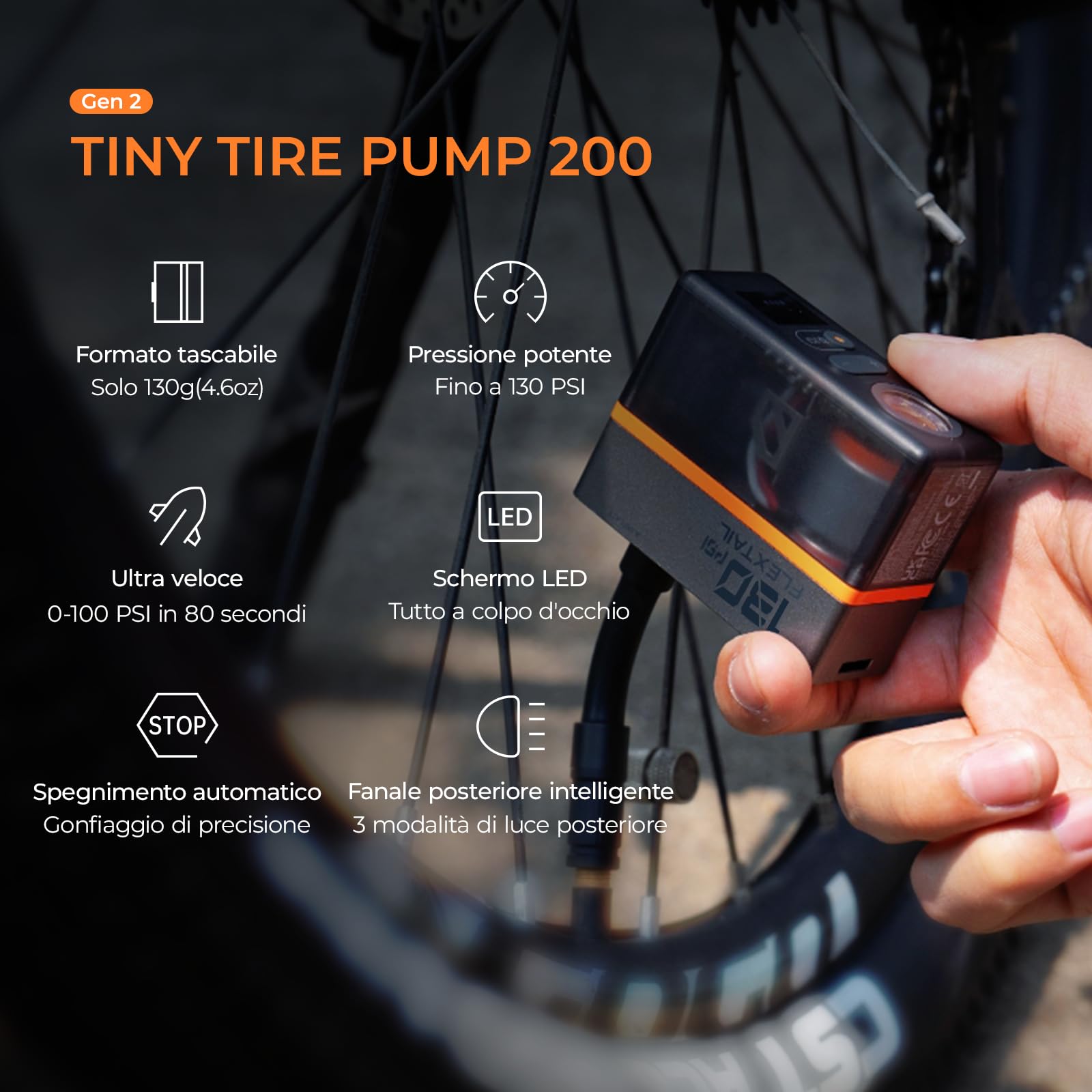 FLEXTAILGEAR Mini Pompa per Bicicletta Elettrica, 130 PSI Portatile con Manometro e Fanale Posteriore, Spegnimento Automatico, Valvola Presta e Schrader per E-Bike, Mountain Bike, City Bike e Bici da