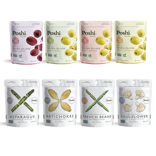 OLOVES + POSHI Combo Pack Variedad de aceitunas naturales enteras sin hueso de 4 sabores Variedad Poshi 4 sabores Vegano, Kosher, sin gluten +