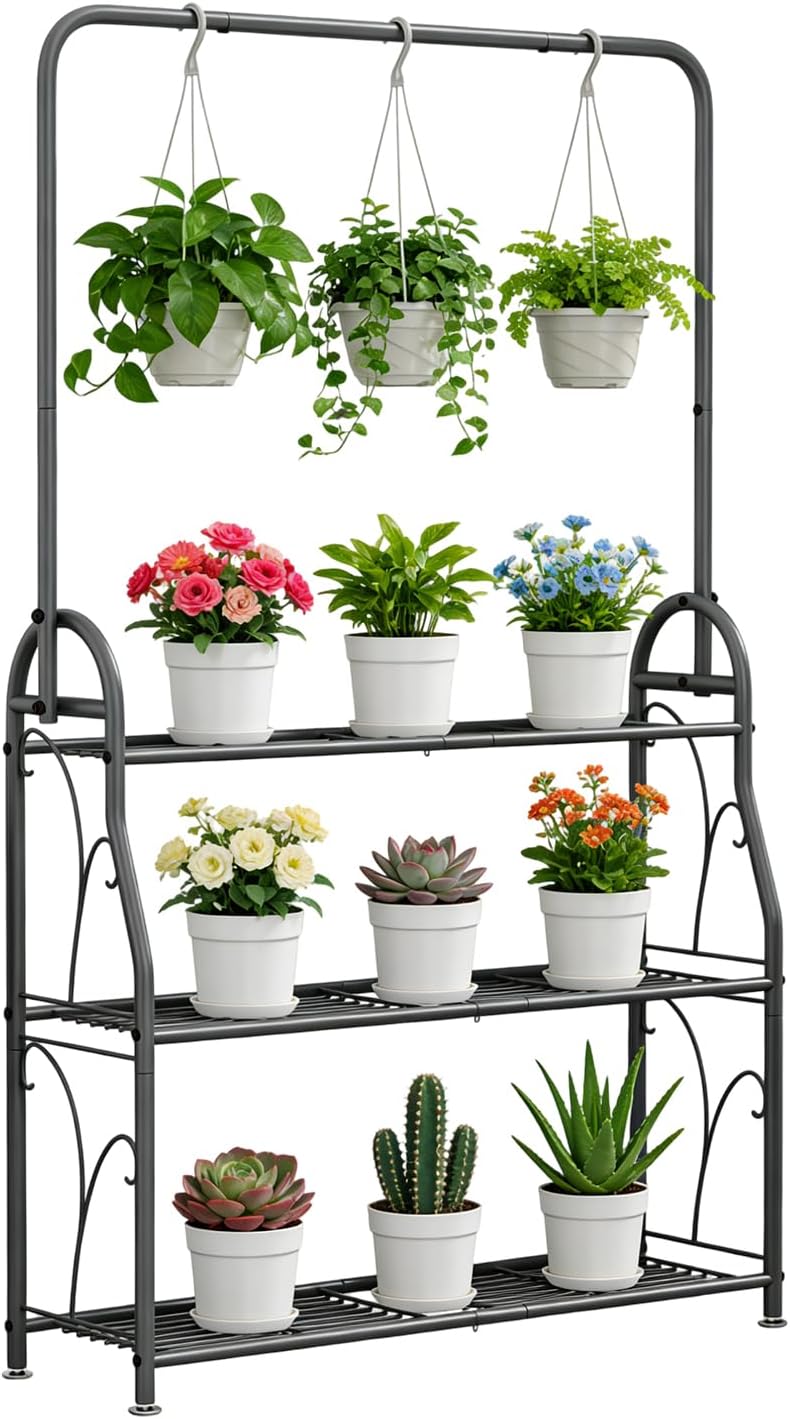 SORCEDAS Plant Stand Indoor Outdoor 3 Tier Tall Corner Hanging Plant Shelf Metal Flower Stands Ladder Plant Holder for Living Room Balcony Garden Patio Multiple Plants, Dark Grey