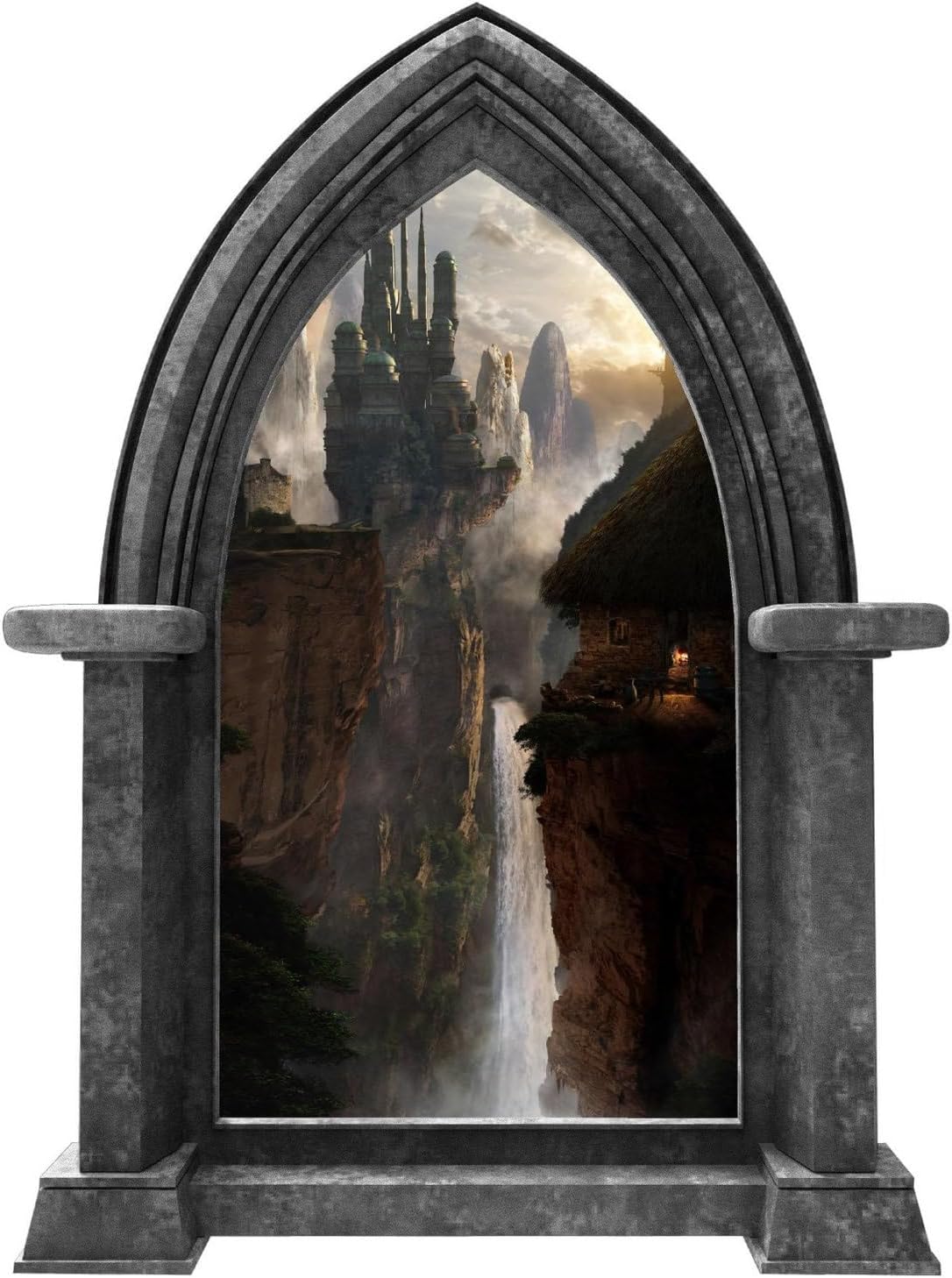 Castle Scape City in The Clouds 1 Castle Window Granite Stone Wall Decal Sticker Mural Mountain View Waterfall Fantasy Fairytale Medieval 36 inch