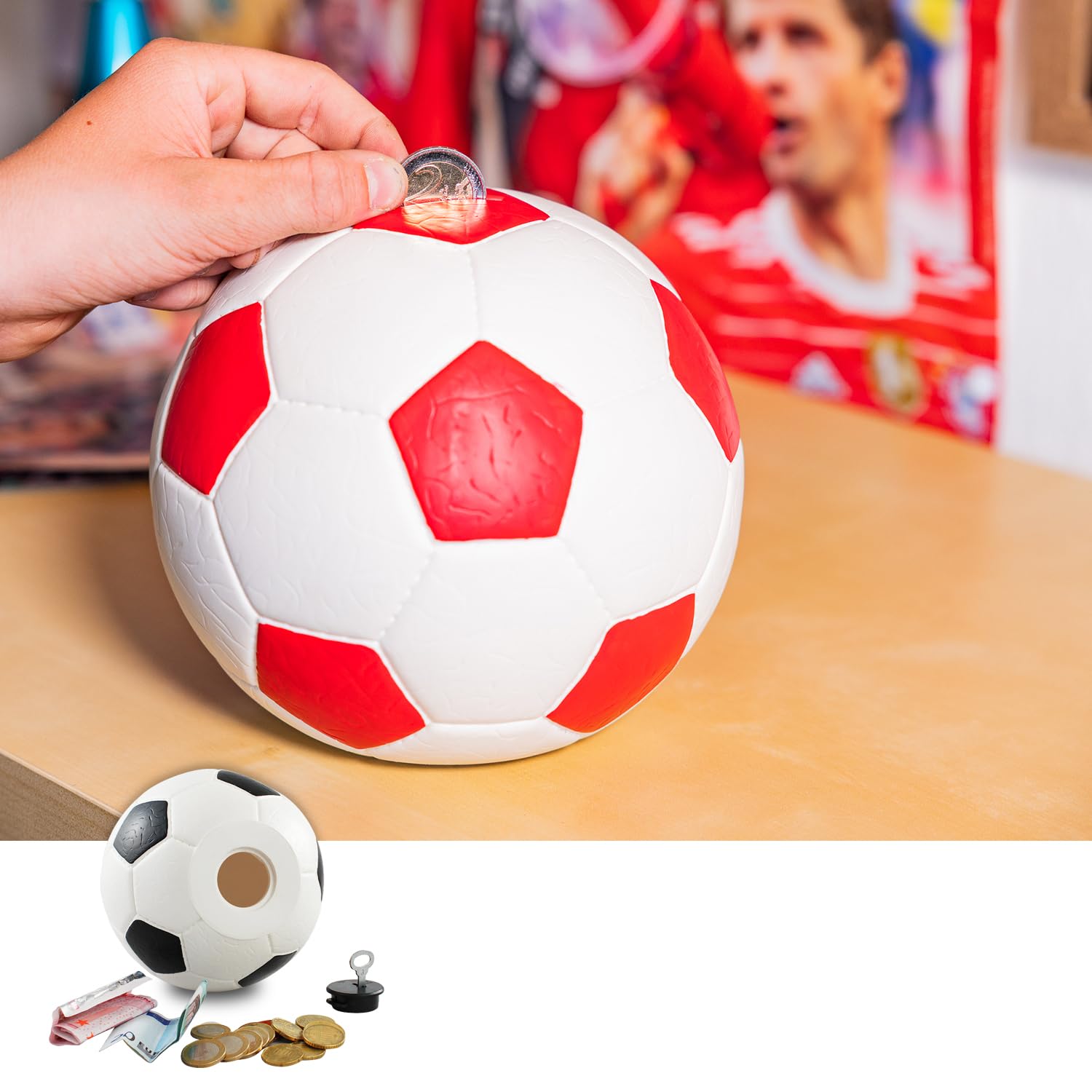 HMF 4790-01 Soldi Salvadanaio, Pallone da Calcio In Pelle Sintetica, 15 cm, Bianco Nero