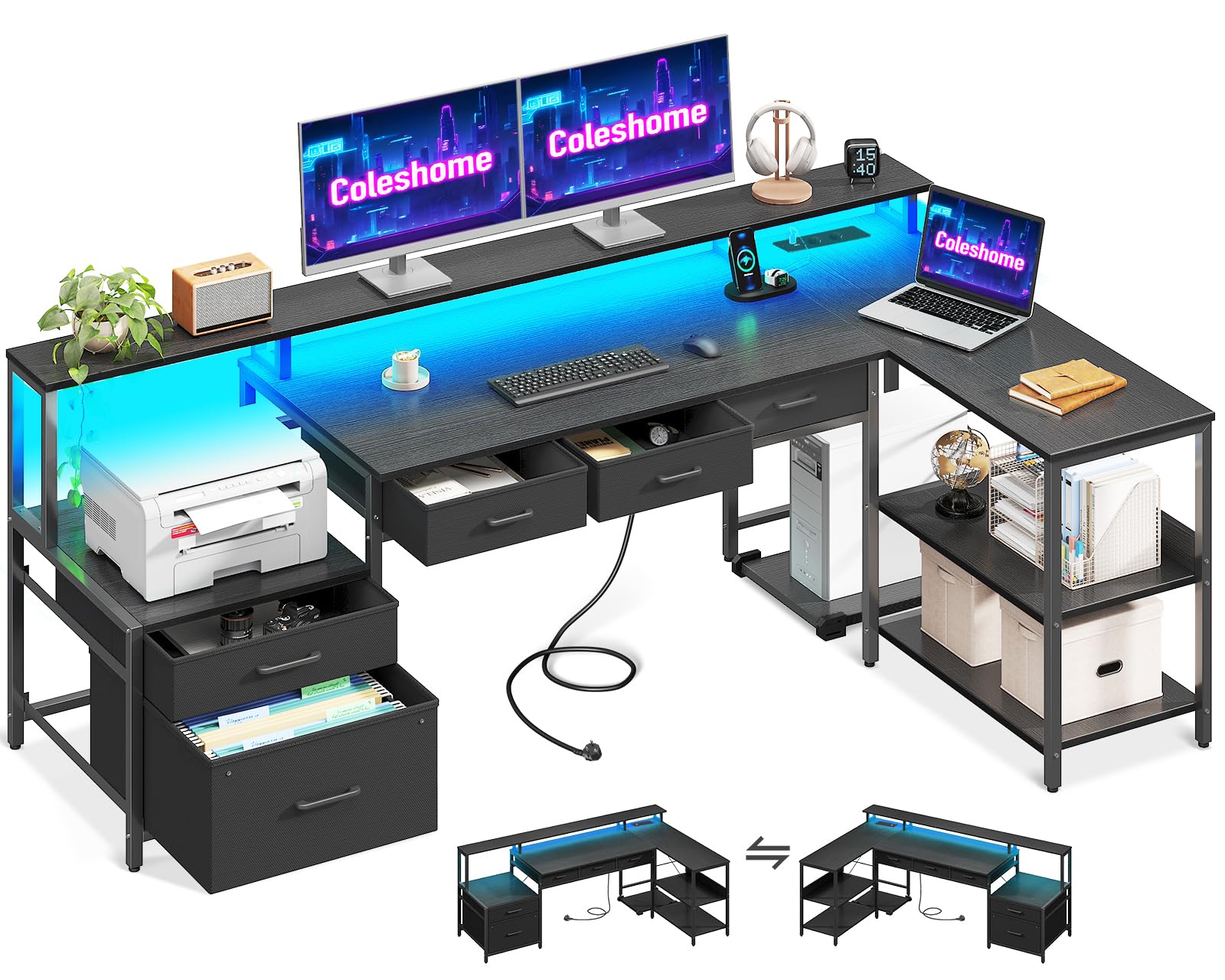Coleshome Escritorio con Cajones, Mesa Gaming con 2 Puertos de Carga USB y 2 Enchufes, Escritorio Esquinero Reversible con LED y Soporte para Monitor para Oficina en Casa, 175x100cm, Negro