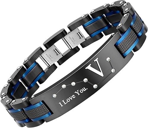 Pulsera Zillaly para hombre, de acero inoxidable ion negro y azul, placa curva inicial, regalo para novio, marido, padre, viene con caja de regalo