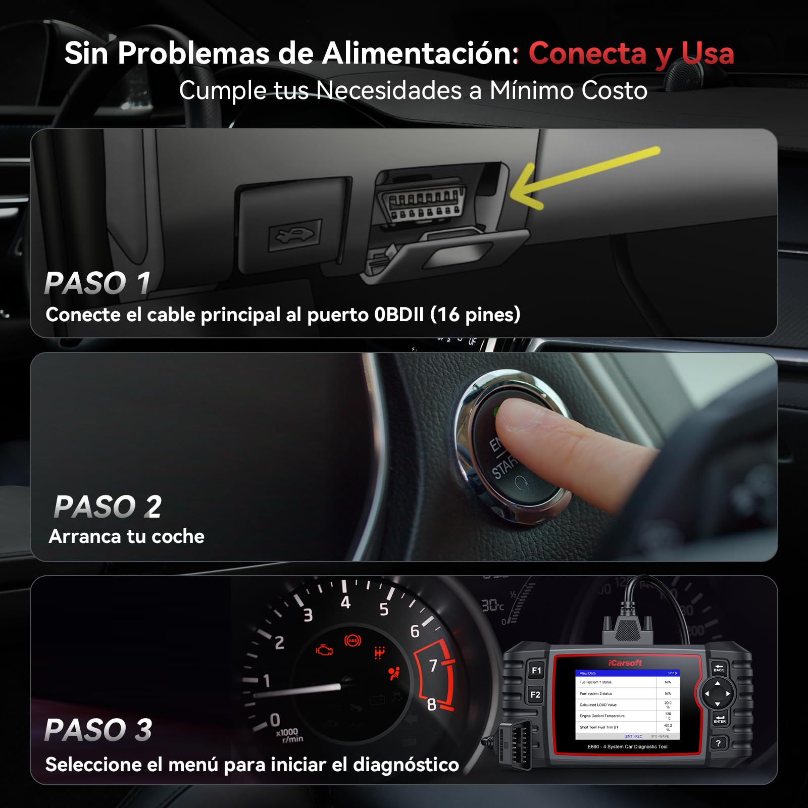 iCarsoft E660 OBD2 Máquina Diagnosis Coche Multimarca, Escáner de Coche para Motor, ABS, SRS y Transmisión, Detector Fallos Coche con 6 Funciones Reinicio, Prueba de Batería