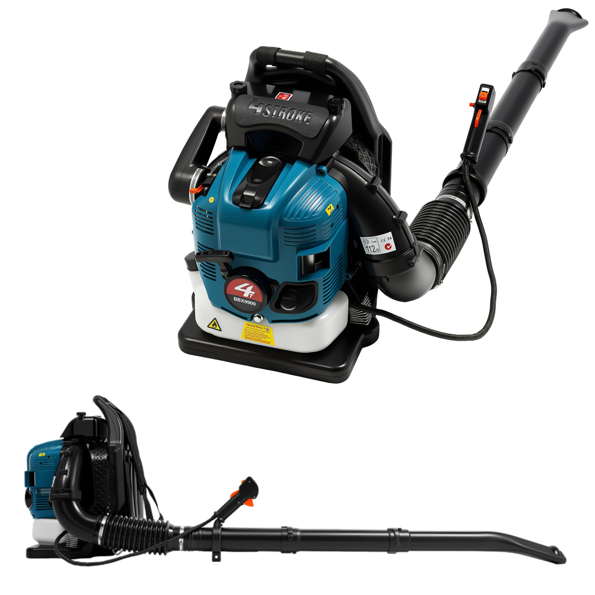 Mochila sopladora de gasolina, motor de 4 tiempos, 2,6 kW, 7000 rpm, depósito de 1,9 l, salida ignífuga ajustable 180°, para follaje y nieve, estructura ligera de 27,3 kg, sistema de