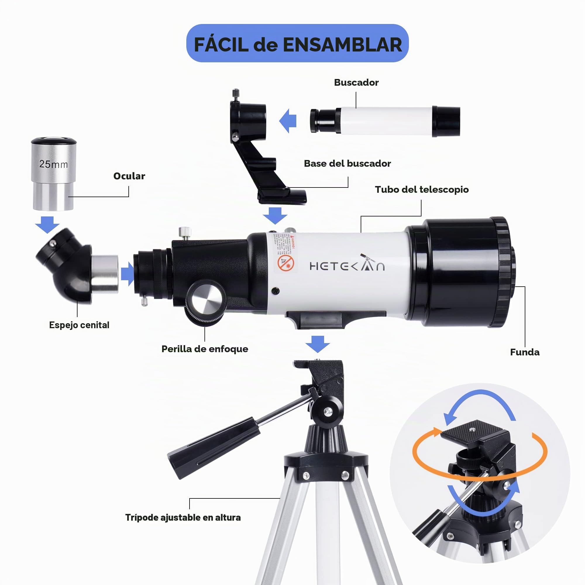 HETEKAN Telescopios, Telescopio para Niños Principiantes, 70mm De Apertura 400mm AZ Monte Telescopios para Adultos, Profesionales Refractor con Trípode, Finderscope y Adaptador De Teléfono