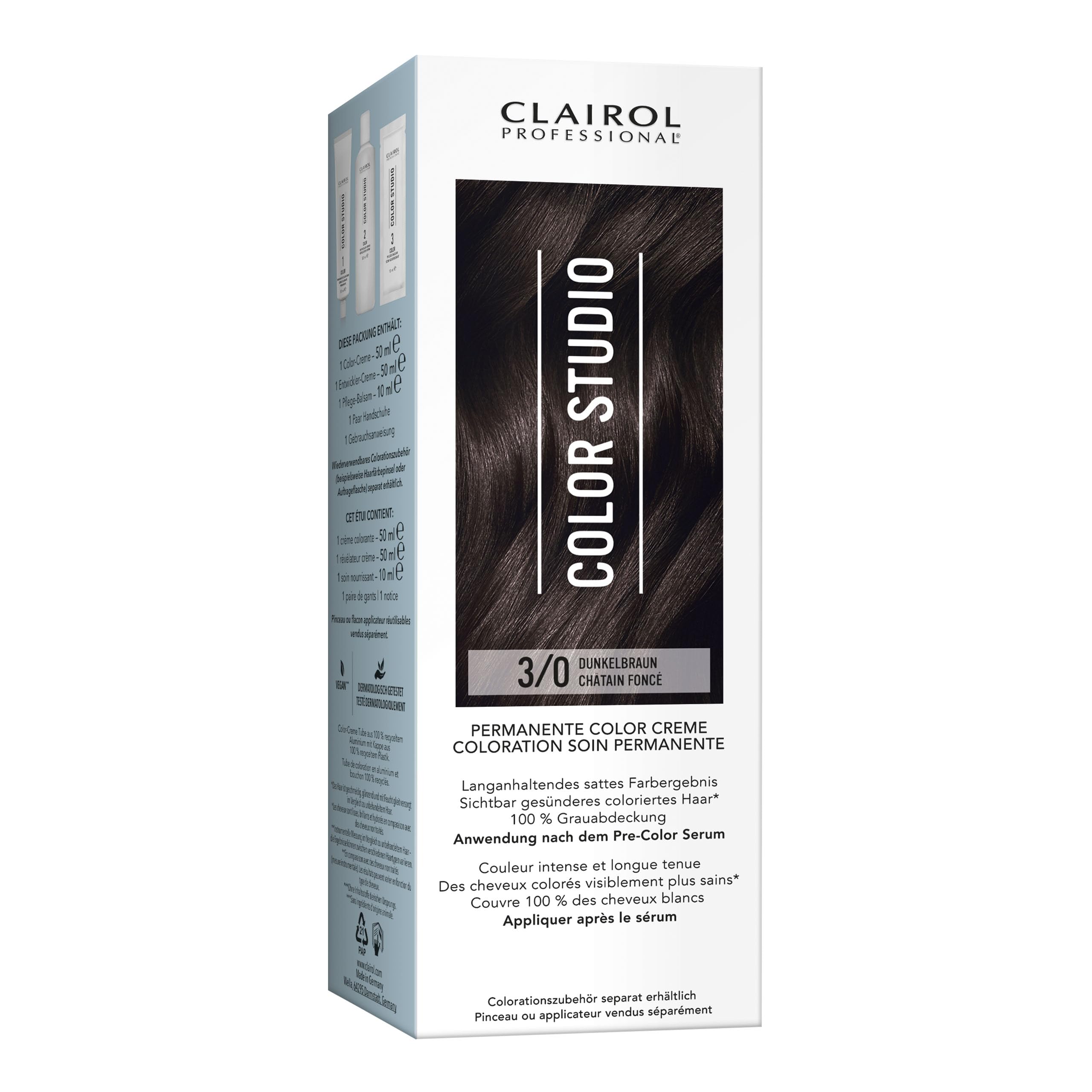 Clairol Professional Color Studio Permanente Haarfarbe Dunkelbraun 3/0 (110 ml) – mit Metal-Purifier für 6 x weniger Haarbruch, 10 Wochen sattes Farbergebnis & 100 % Grauabdeckung – inkl. Haarkur