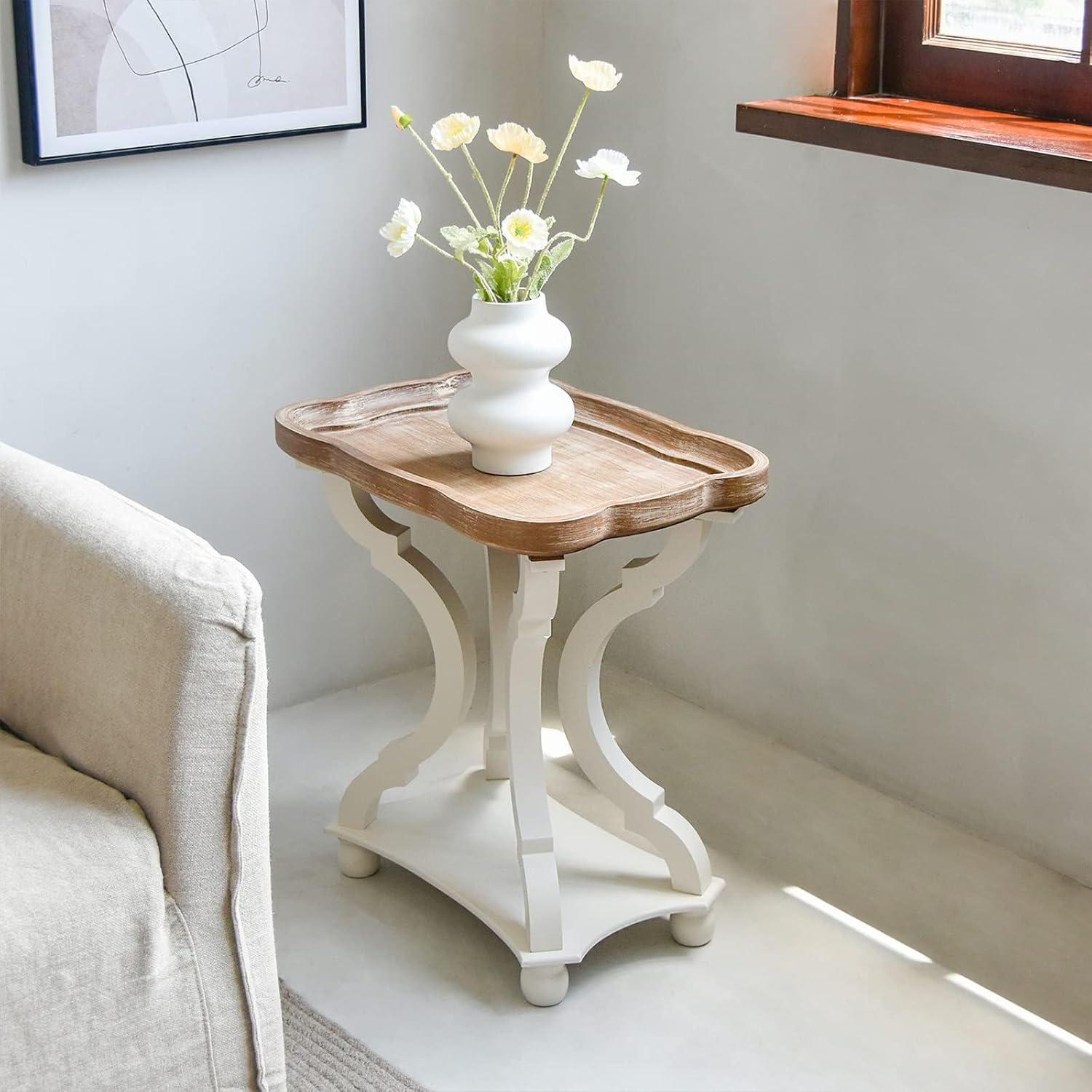 Accent Wood Farmhouse End Table Side Tables Nightstand Natural Tray Top and Distressed Carved Legs for Bedroom Living Room, White