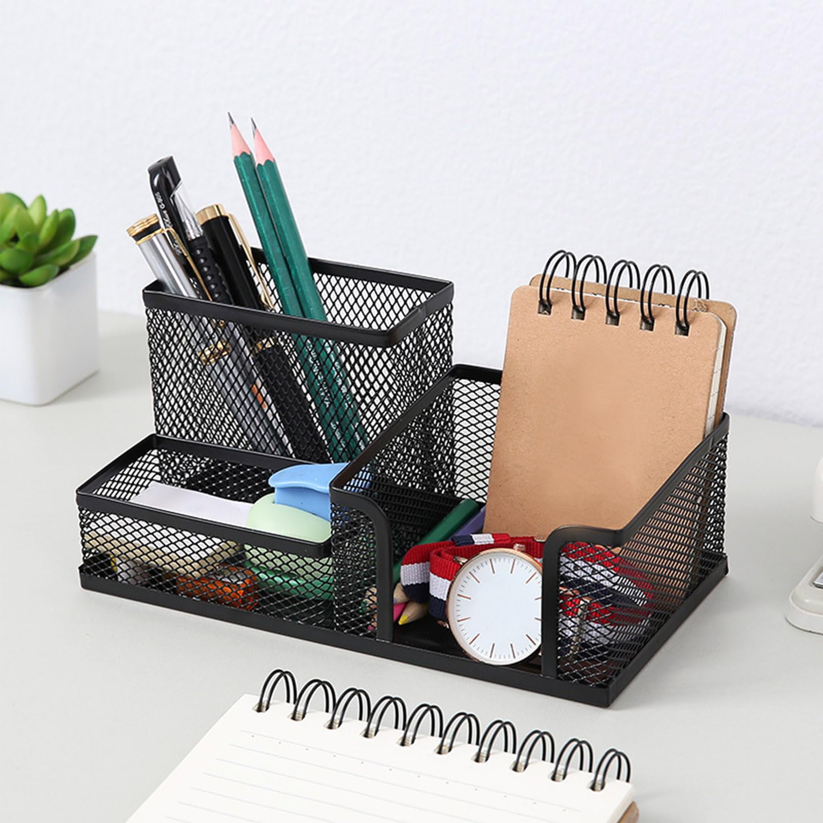 ASTIMESA Stift-Organizer aus Metall für den Schreibtisch mit 3 Fächern, Büro-Schreibtisch-Organizer, Stiftebecher, Caddy für Schreibwaren, Marker, Aufbewahrung, Schule, Heimbedarf (Schwarz, Silber,