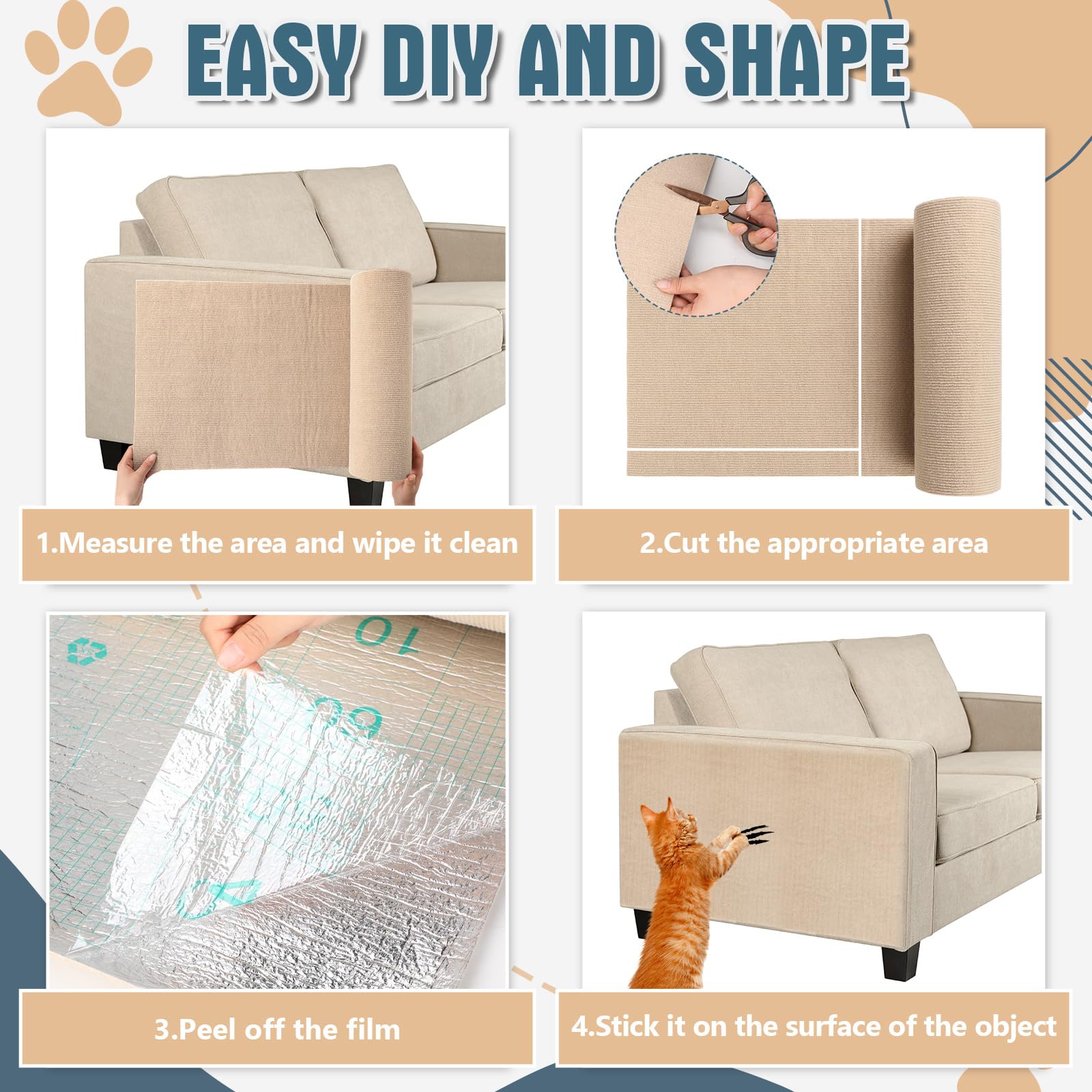 Abbylike 2 protectores de muebles para gatos de 118 x 15.8 pulgadas, autoadhesivo, recortable, protector de sofá, tapete rascador para gatos, tapete antiarañazos, tapete de repuesto para torres (caqui