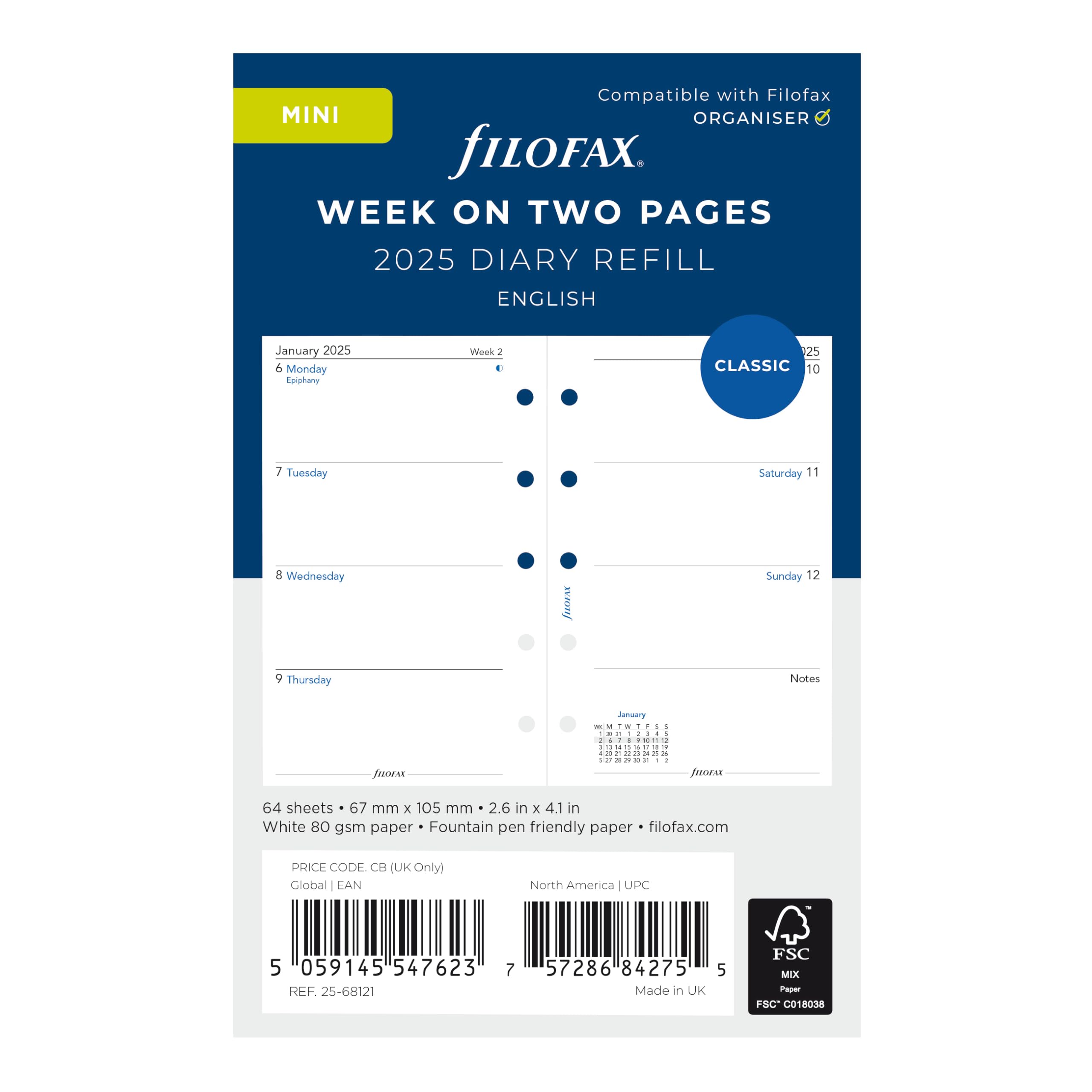 FilofaxCalendar Diary Refill, Mini Size, Week-to-View with Notes Section, White Paper, Unruled, English, 2025 (C68121-25)