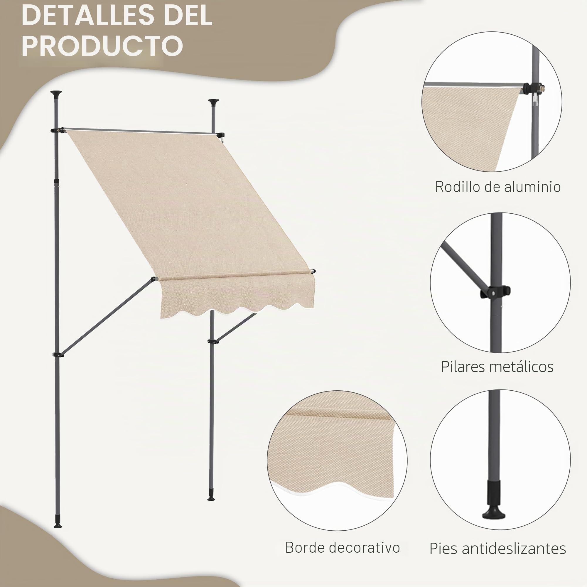 Outsunny - Toldo autoportante manual retráctil 1,5L x 1,2l x 2,1-3H m, inclinación ajustable para balcón sin necesidad de perforar, metal de aluminio y poliéster, color arena