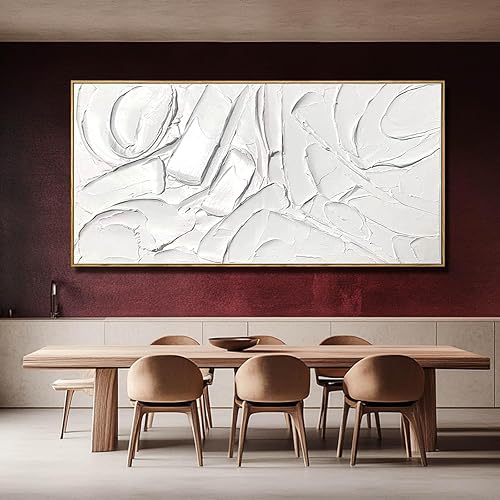 Miniatura 6 de XIANSHOU Obra de arte blanca para paredes, arte abstracto contemporáneo pintado a mano de 29 x 58 pulgadas, arte de pared grande para sala de estar,