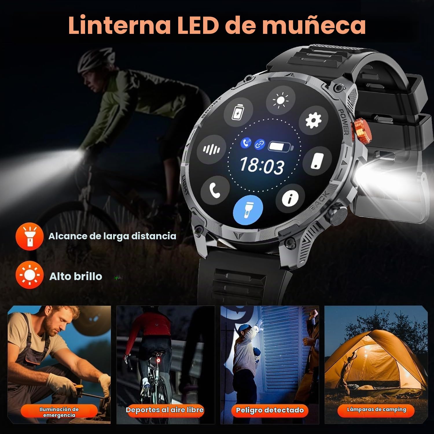 Reloj Inteligente Hombre con LED Linterna,1000mAh/IP68 Impermeable/1,75" HD Militar Smartwatch con Llamadas,110+ Modos Deportivos/24/7 Pulsómetro/Sueño/Podómetro Pulsera Actividad Android iOS