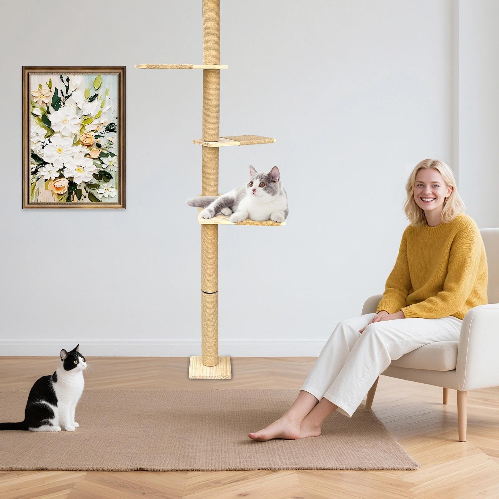 Rascador para Gatos de Poste, Árbol para Gatos, Torre de 5 Niveles hasta el Techo (205 cm), Montado en la Pared, con Corda di Sisal Naturale, para Trepar, Rasguñar y Jugar