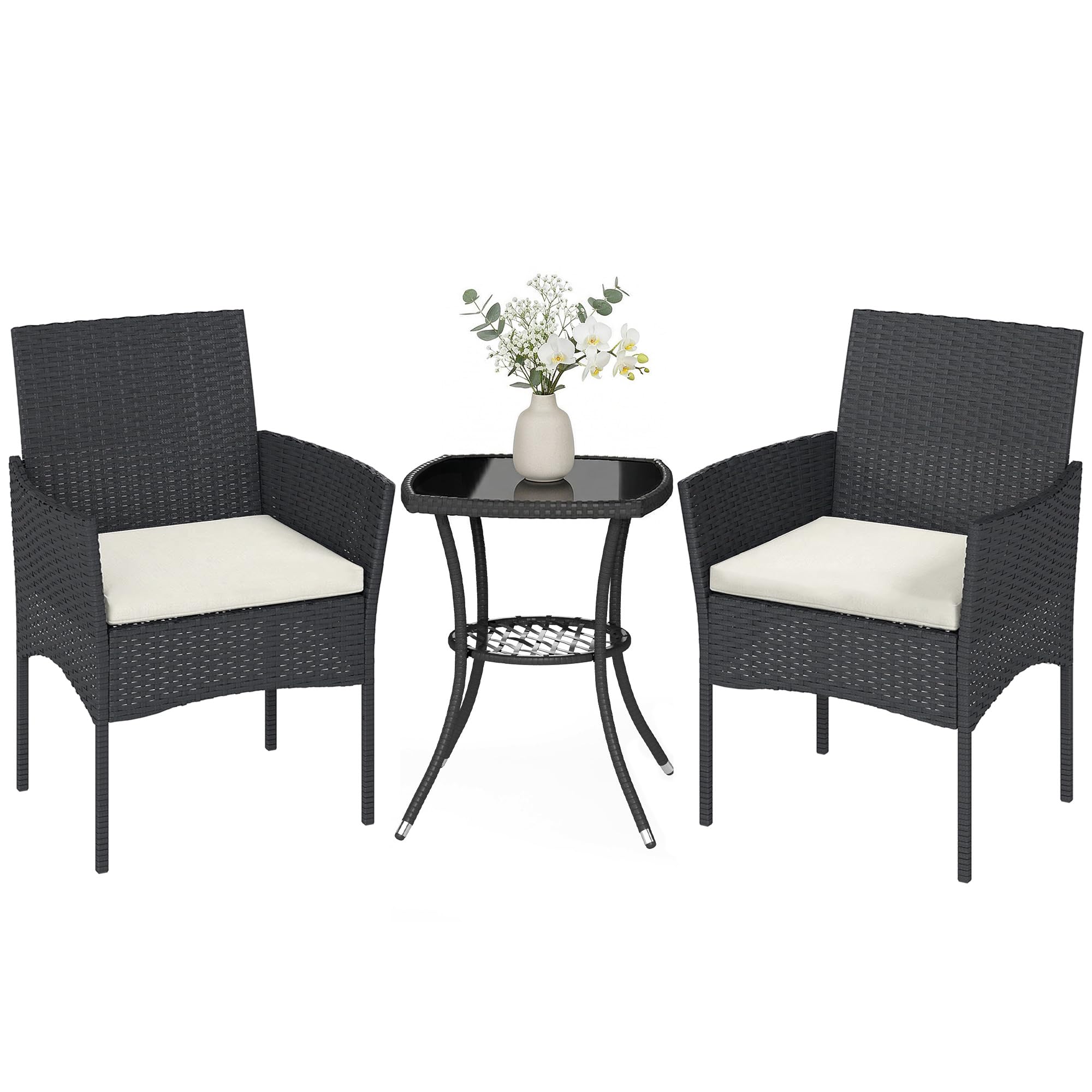 Outsunny 3 Piece Rattan Bistro Set, PE Wicker Garden Furniture Conversation Set, 2 Tier Glass-Top Bistro Table and Chairs for 2 with Cushions for Patio, Balcony, Porch, Cream White