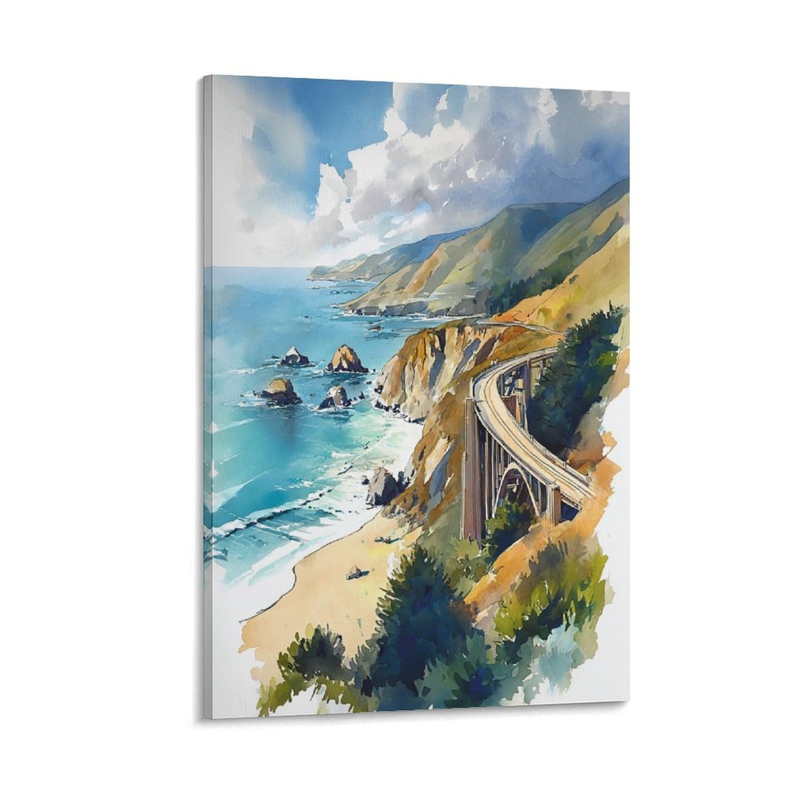 XWYMXZ Big Sur Watercolor Painting California Coast Travel Poster Tree 20x30inch(50x75cm) Vintage Watercolor Canvas Art