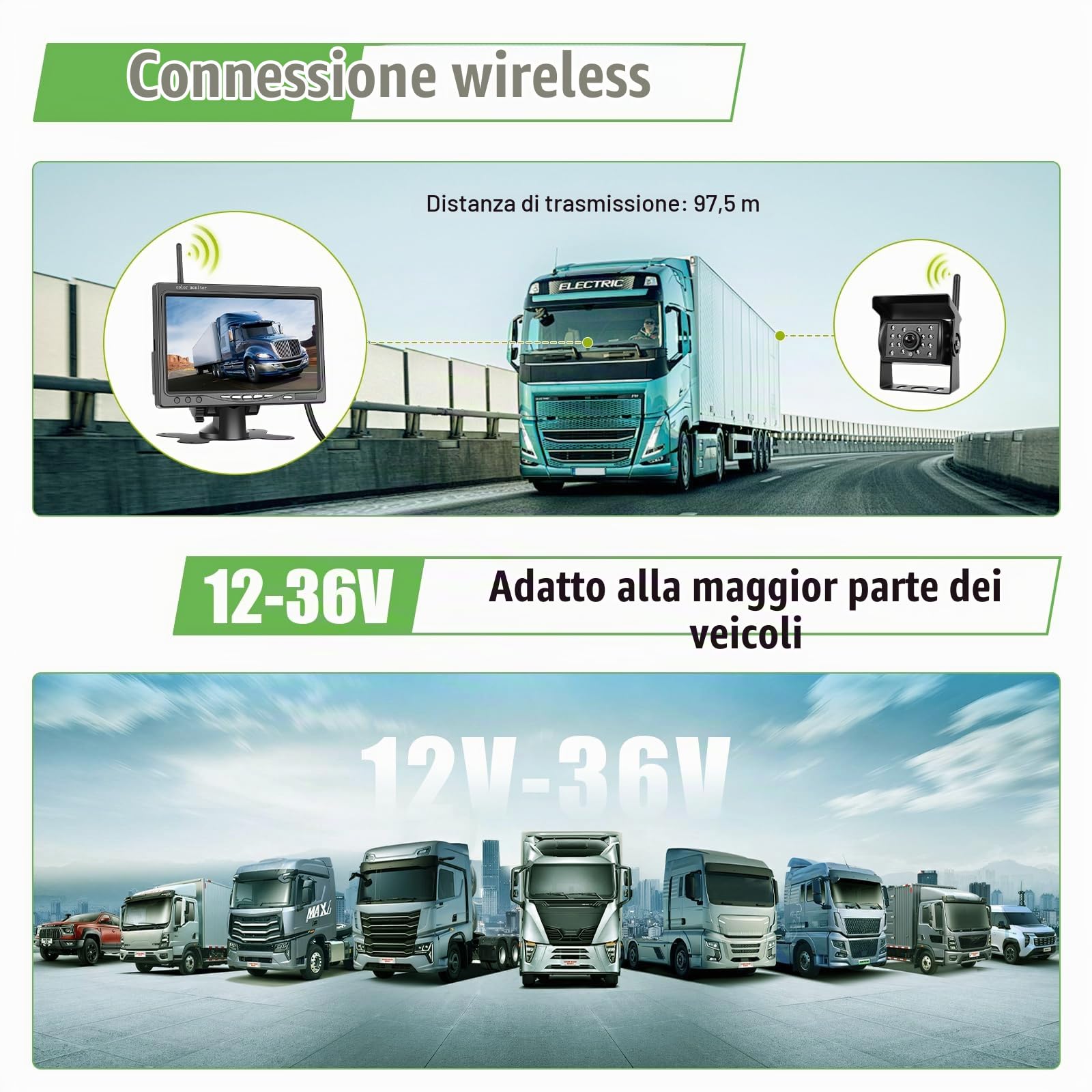 Telecamera di retromarcia wireless IP68 impermeabile con visione notturna, monitor HD da 7", telecamera di retromarcia ad alto rendimento con chip a prestazioni elevate, linea invertita, BSD