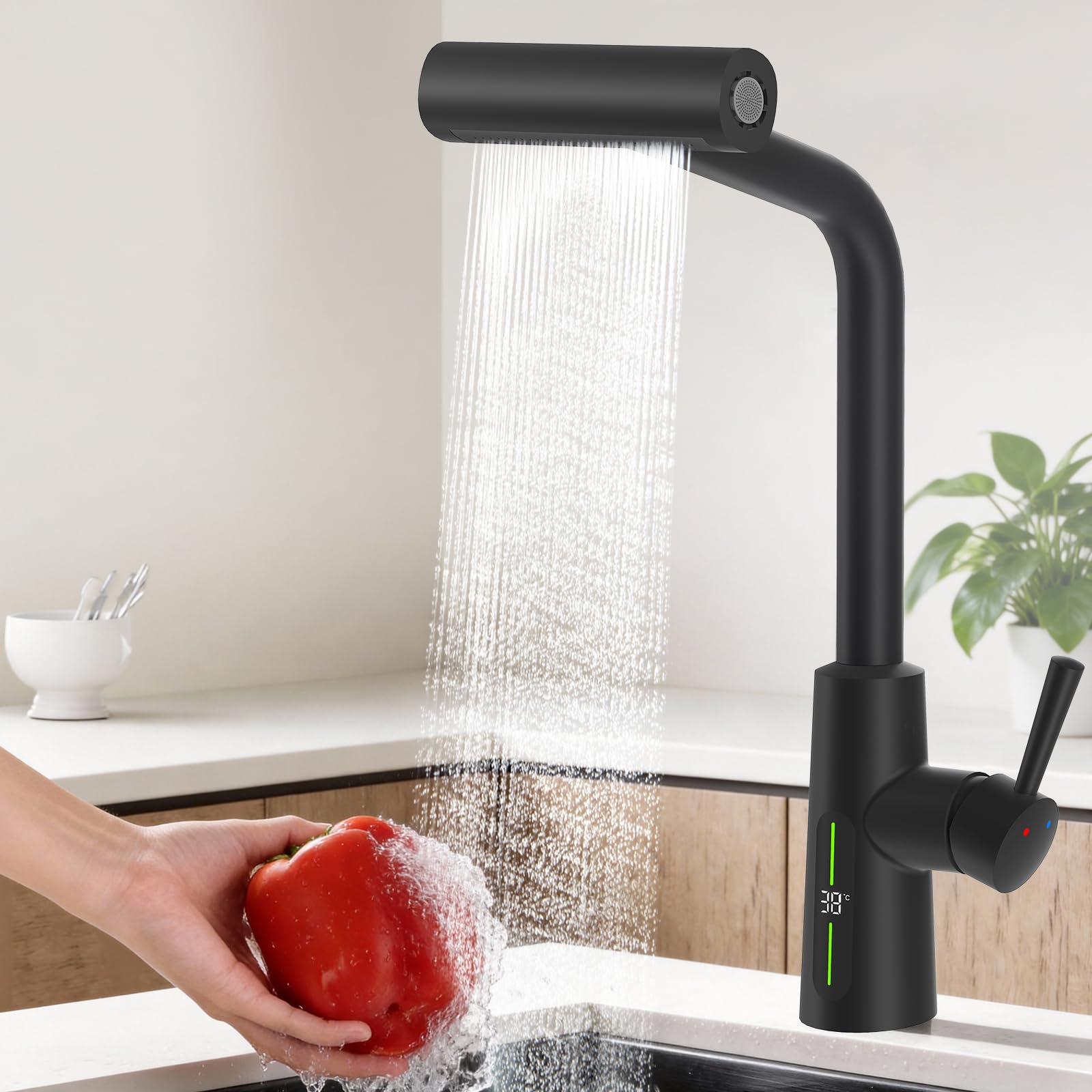 KAIYING Hochdruck Wasserhahn Küche Ausziehbar mit Temperaturanzeige | Batterielos Wasserfall Küchenarmatur Ausziehbar, 360° Schwenkbar Spültischarmatur Küche mit Vier Sprühmodi, Schwarz