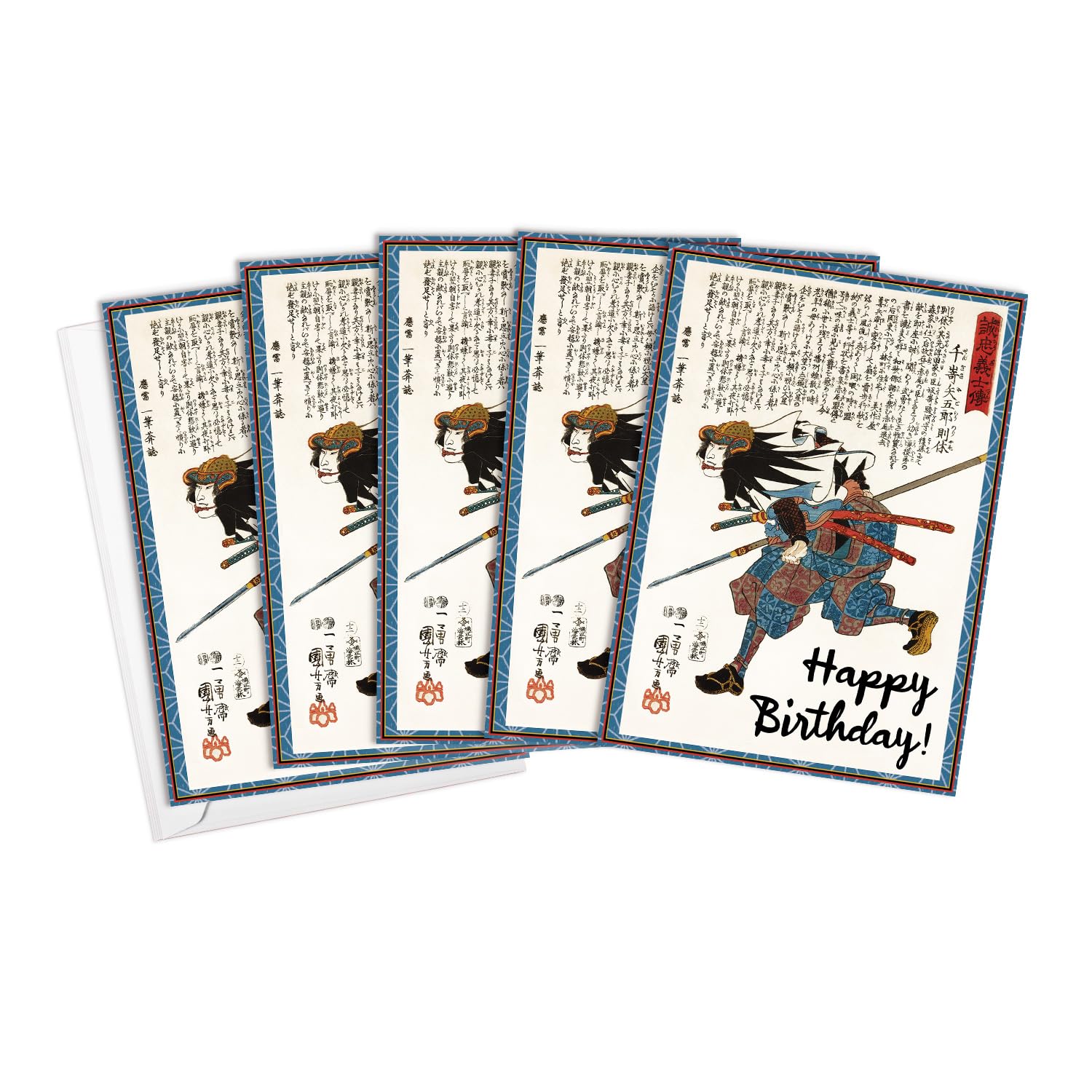 Happy Birthday Greeting Cards - Japanese Ukiyo-e Woodblock Print Art Card with Envelope (Kuniyoshi Senzaki Noriyasu Samurai - Pack of 5)