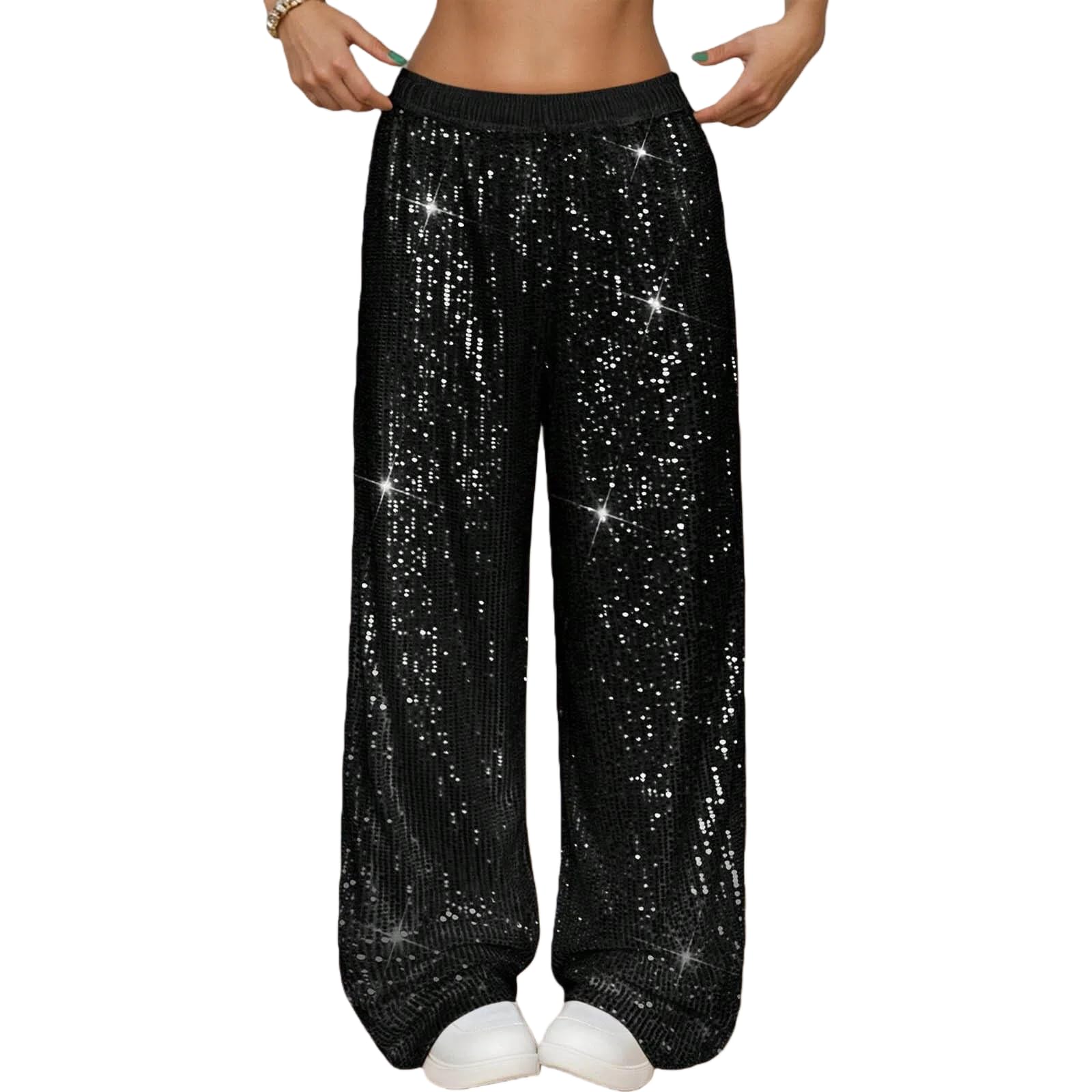 Pailletten Hose Damen Lang Glitzerhose Metallic Weites Bein Freizeithose Elastische Taille Elegant Palazzo Hosen Disco Rave Silvester Party Festival Outfit Karneval Kostüm Glitzer Schlaghose Damenhose