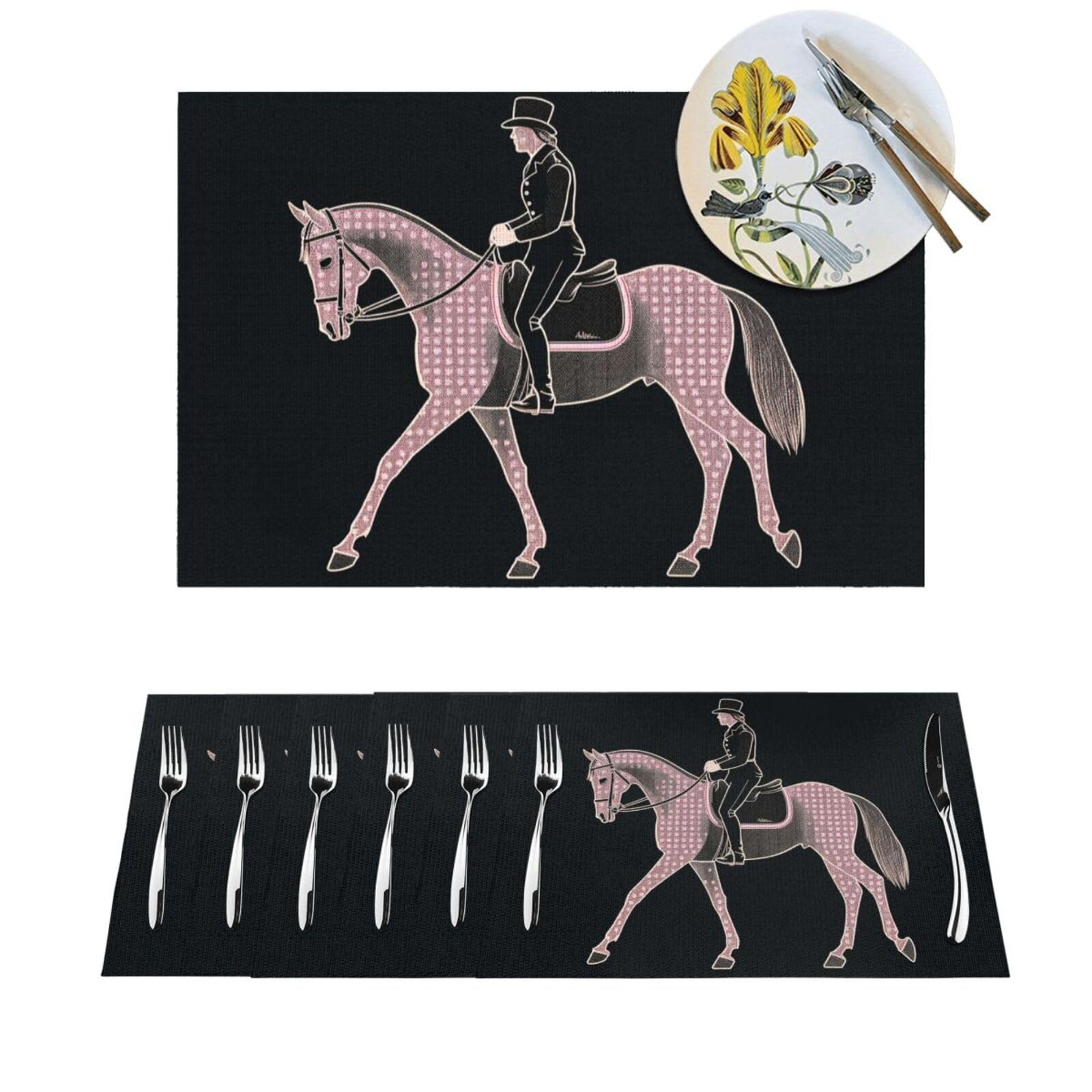 Set de table rectangulaire en PVC tissé motif cavalier et cheval lavable