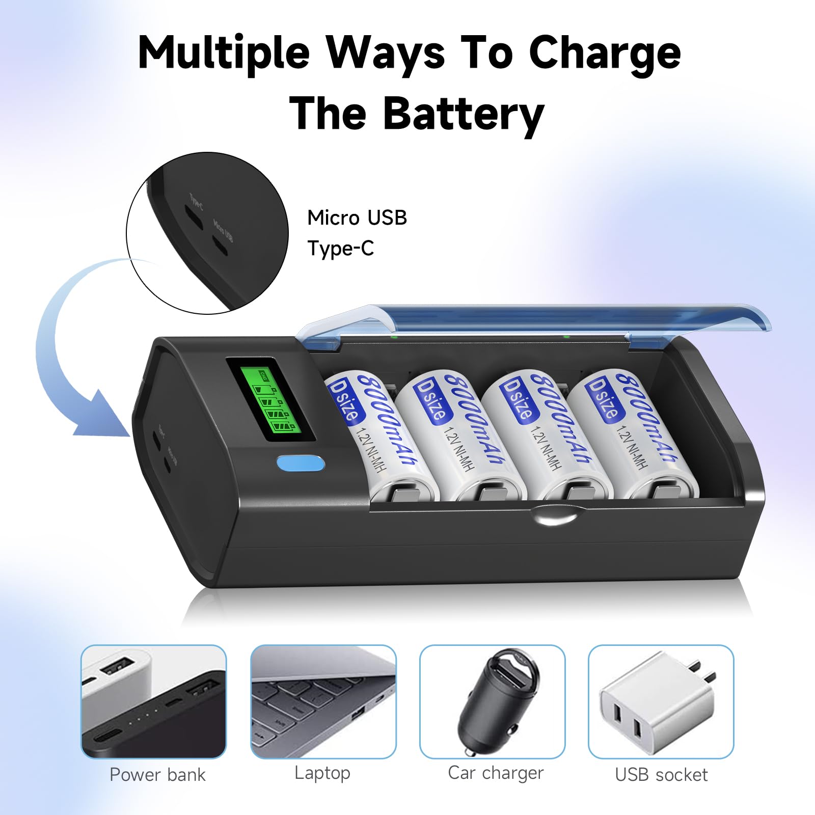 Lot de 4 piles D avec chargeur universel pour piles rechargeables AA AAA C D 9 V NiMH NiCD, fonction de décharge et écran LCD, charge rapide (micro USB ou type C)