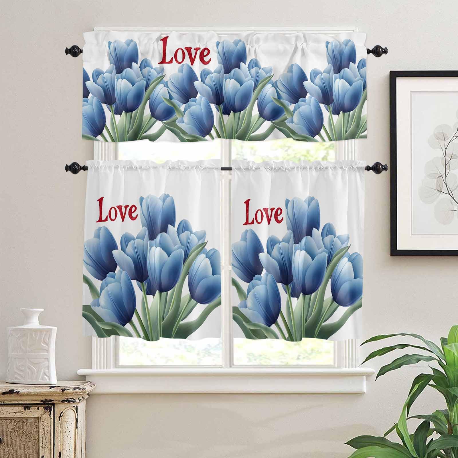 Navy Blue Tulip Kitchen Curtains 36 Inch Length, 3 Piece Rod Pocket Small Half Tiers and Valance Set, Luxury Farmhouse Botanical Flowers Small Large Window Treatment Decor for Bedroom/Bathroom Sink