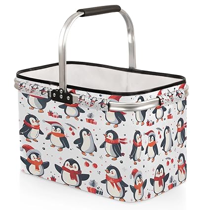 Kizmoglux Winter Penguin Collapsible Market Basket, Foldable Picnic Basket - Large Shopping Basket with Handles, Portable Folding Bag for Shopping Camping Picnic