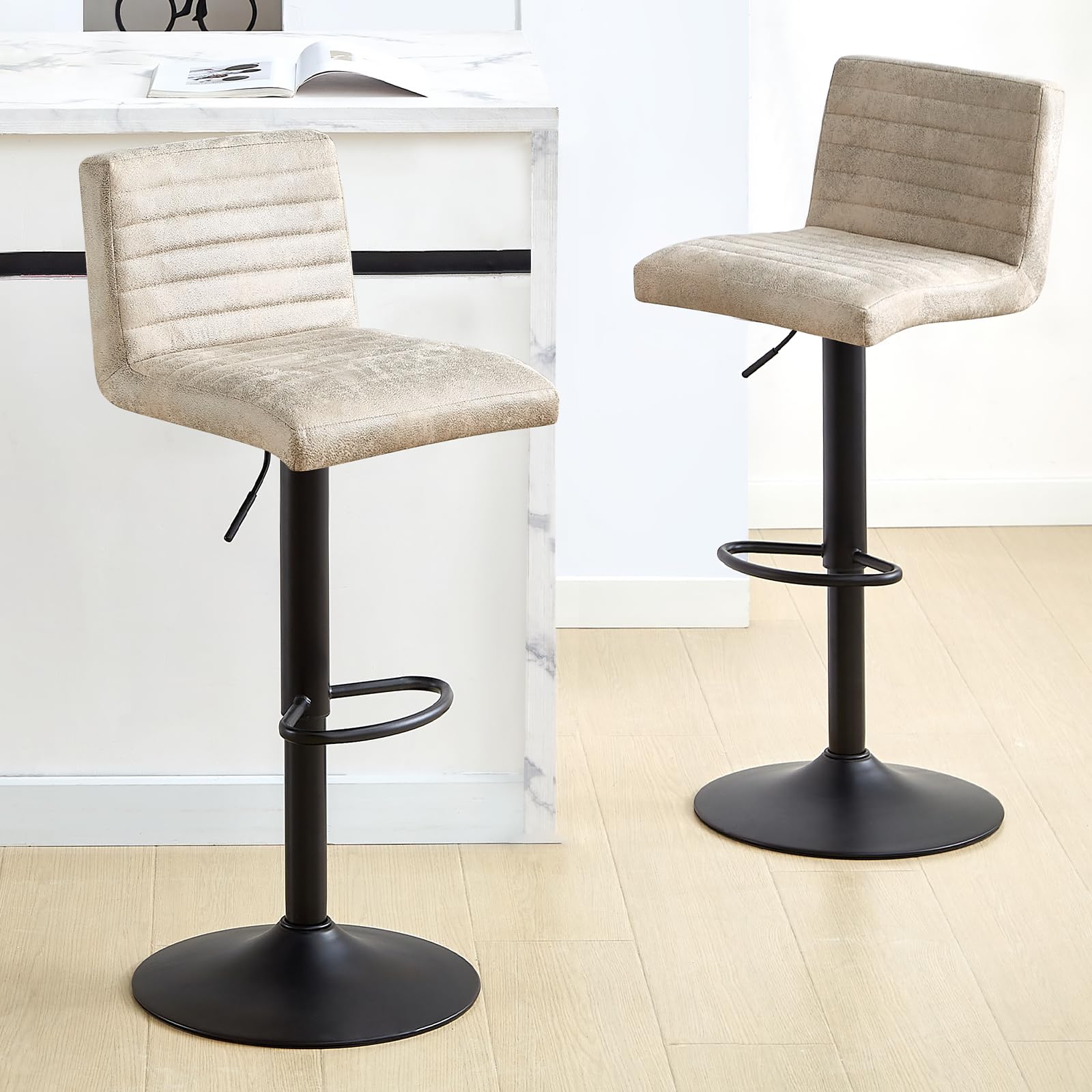 JaHECOME Set of 2 Bar Stools Breakfast Swivel Bar Chairs Suede Beige Barstools Height Adjustable for Kitchen Island Pub(2,Beige)