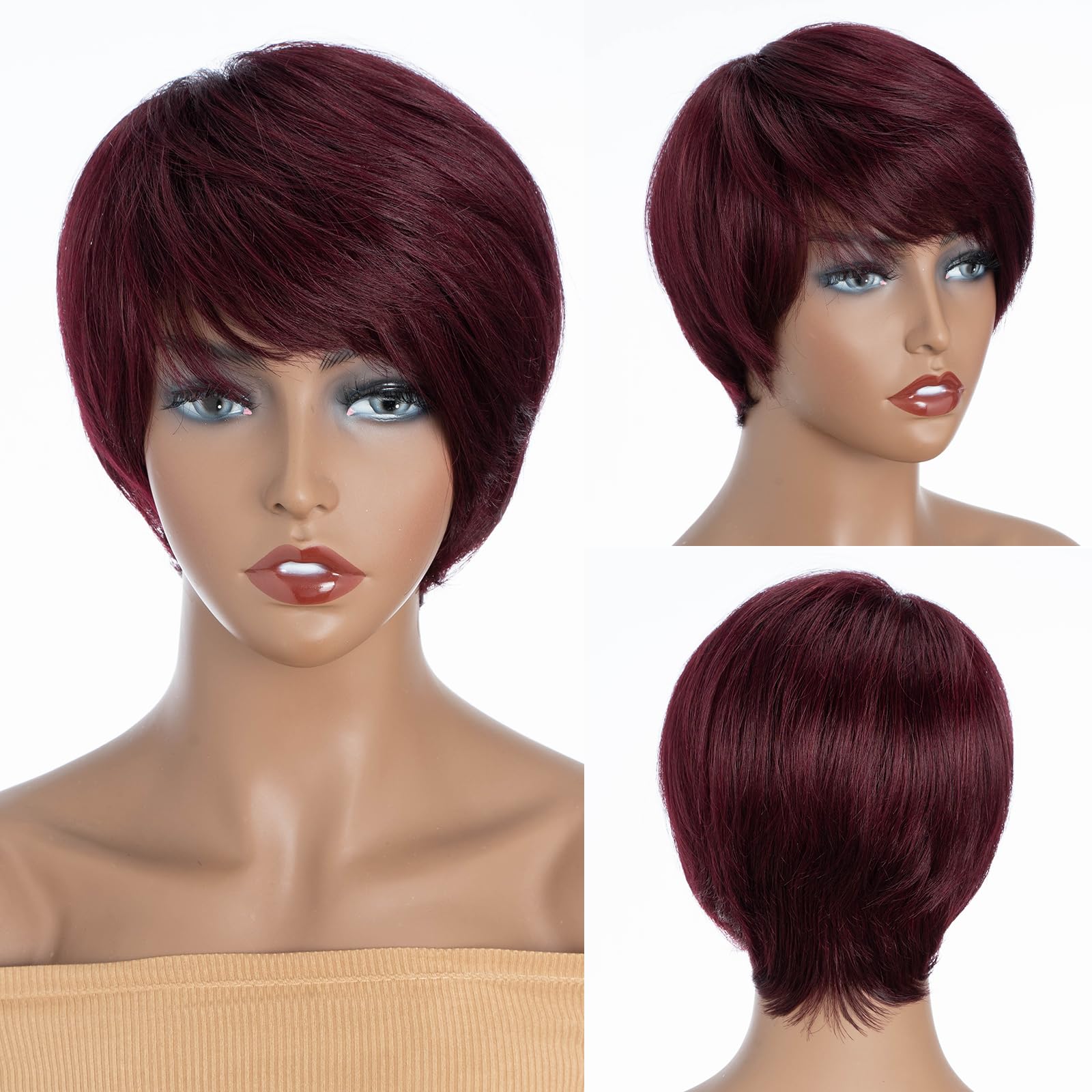 QVR Pixie Cut Wig Human Hair Wigs with Bangs Short Wigs for Black Women Human Hair Different Style Pixie Wig for Daily Wear Burgundy 99J Color