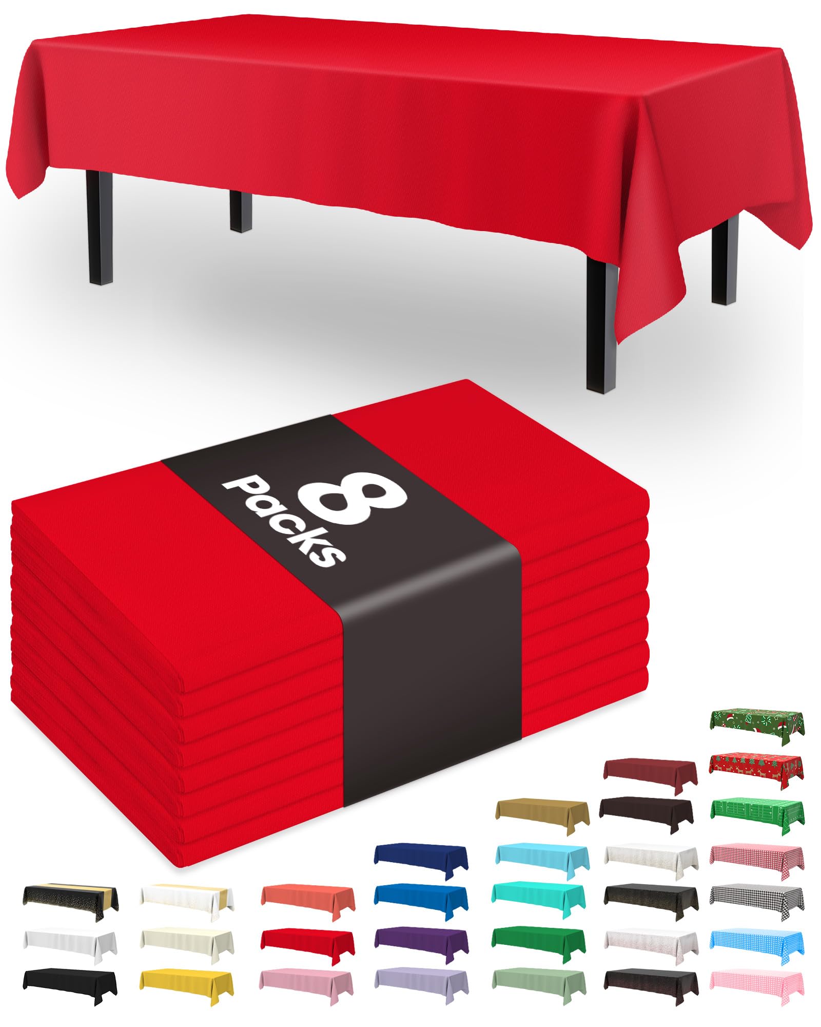 Pureegg Plastic Table Cloth Disposable 8 Pack, 54 x 108 Inch Table Cloths, Valentines Day, Thanksgiving, Christmas Decorations, Fall Tablecloths, Rectangle, Plastic Cover, Leakproof &amp; Sturdy, Red