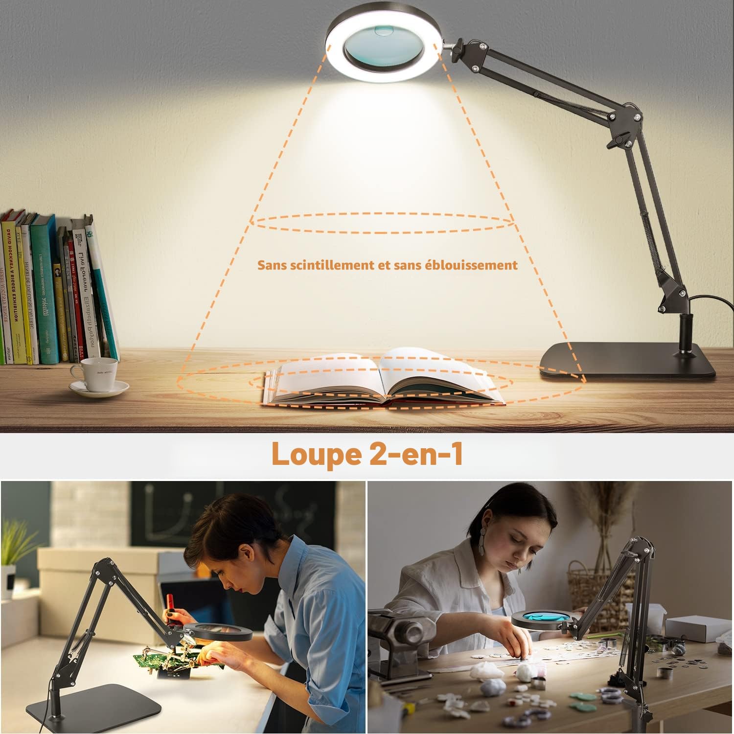 Jubor Lampe de Bureau Loupe 15X 10X avec Lumière 3 Modes Couleurs Réglables Lecture Réparation