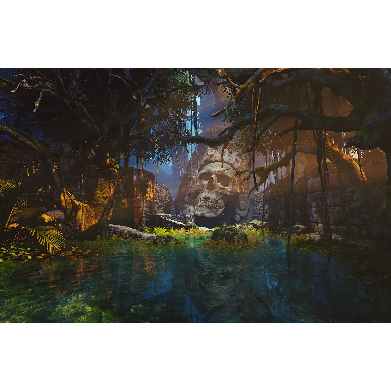 God Statue Aquarium Background Tranquil Stream Jungle Forest Terrarium Background Statue In the Ruins of the Old City Fish Tank Background Stone Statue Aquarium Backdrop Decors Poster 36x18in