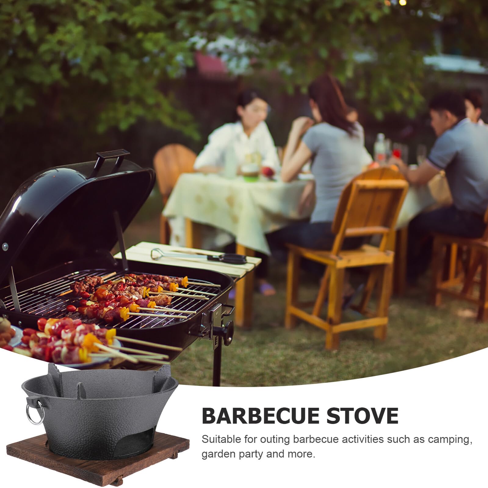 Duży 26 cm żeliwny grill na węgiel drzewny – piec do gotowania na zewnątrz z drewnianą tacą na kemping i piknik, wszechstronne artykuły do grillowania w domu, losowe opcje kolorystyczne