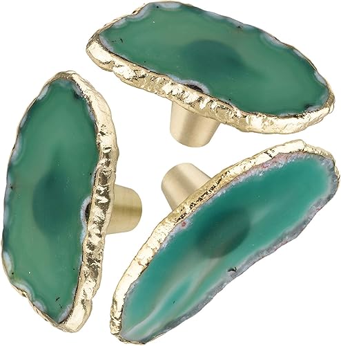 Rockcloud Paquete de 4 pomos decorativos de ágata con tornillos, manijas de ágata de forma irregular con borde chapado en oro, color verde