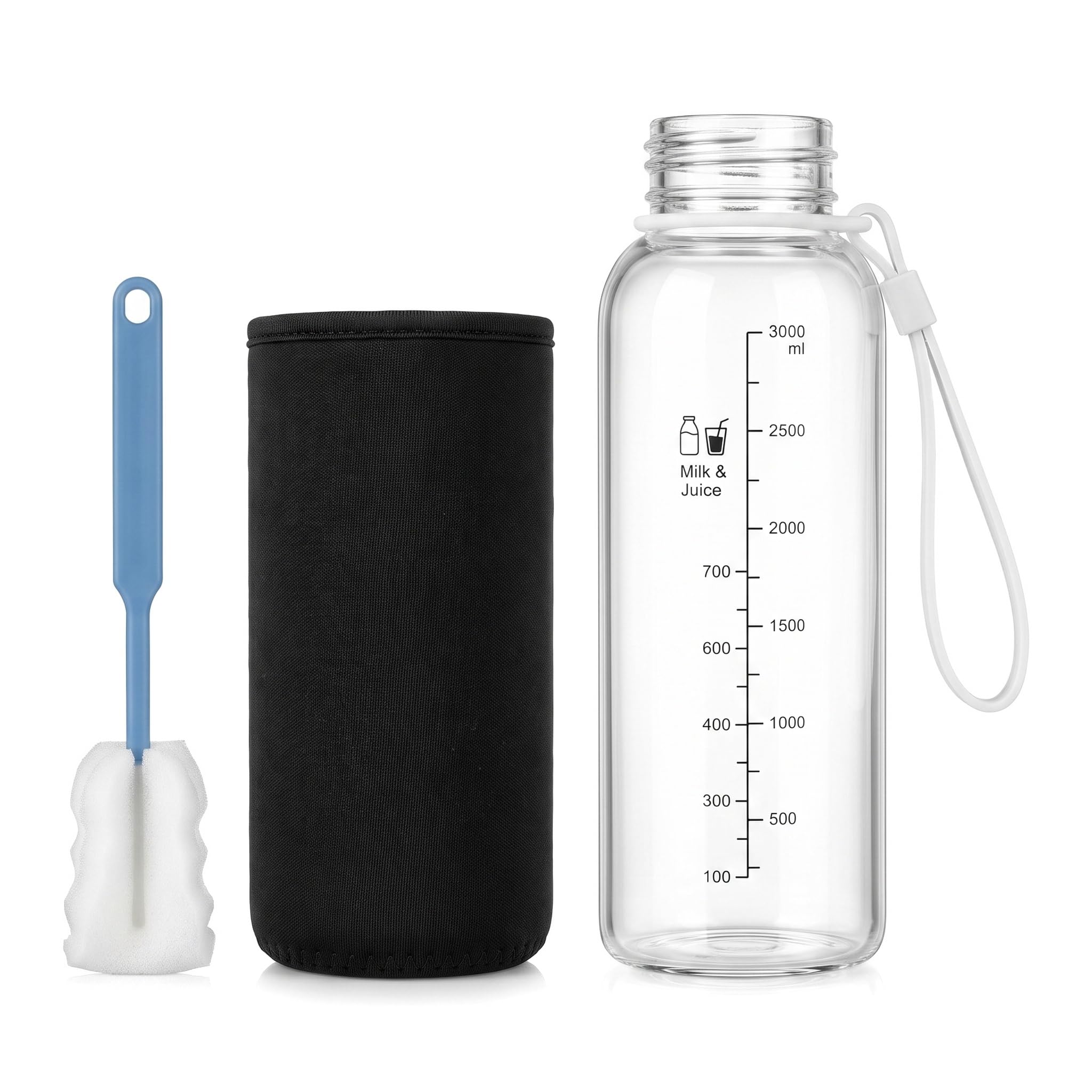 XILAIWANG Measured Glass Travel Bottle 350ml With Sleeve & Sponge Brush